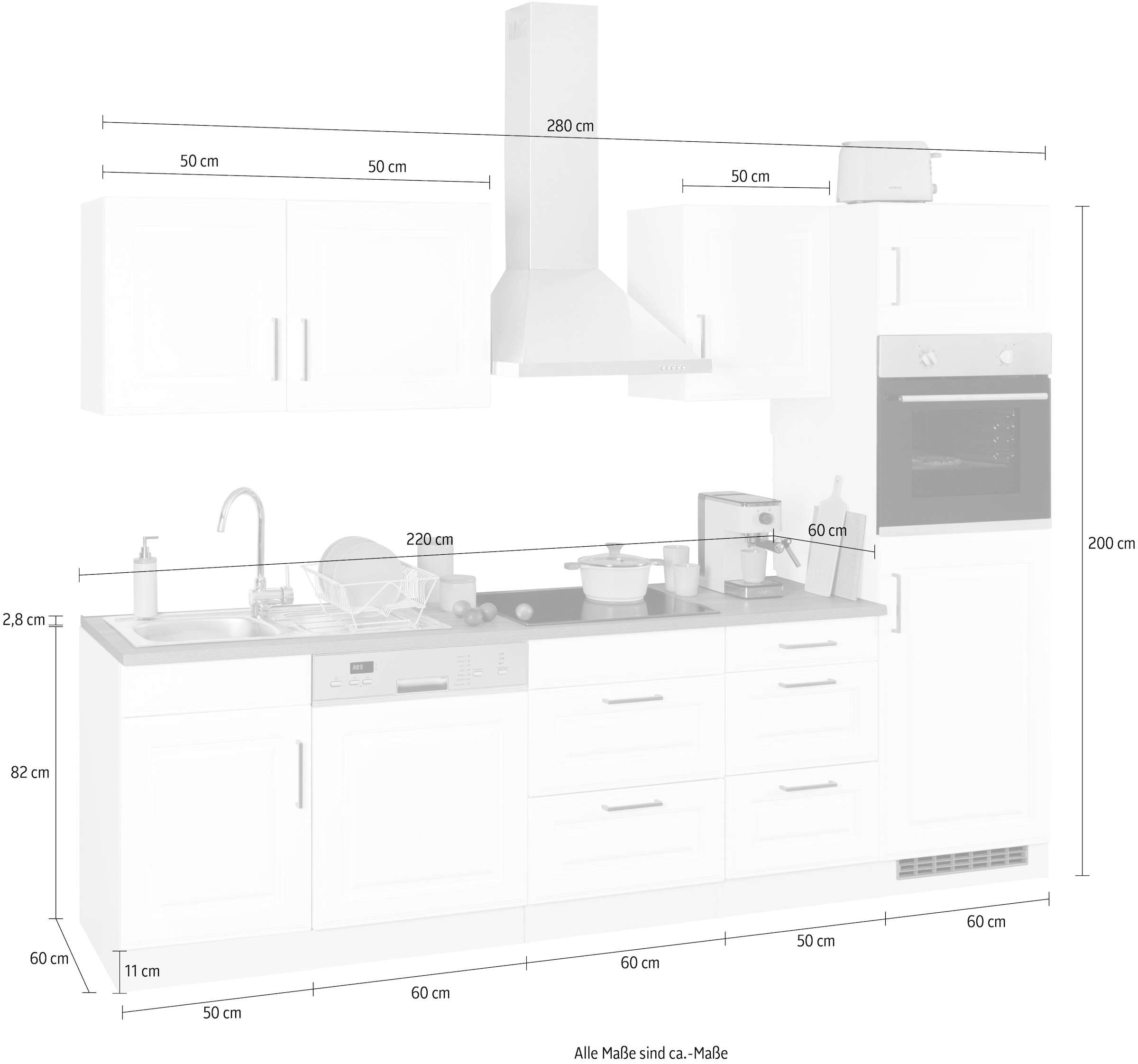 KOCHSTATION Küchenzeile »KS-Stockholm«, Breite 280 cm, mit hochwertigen MDF Fronten im Landhaus-Stil