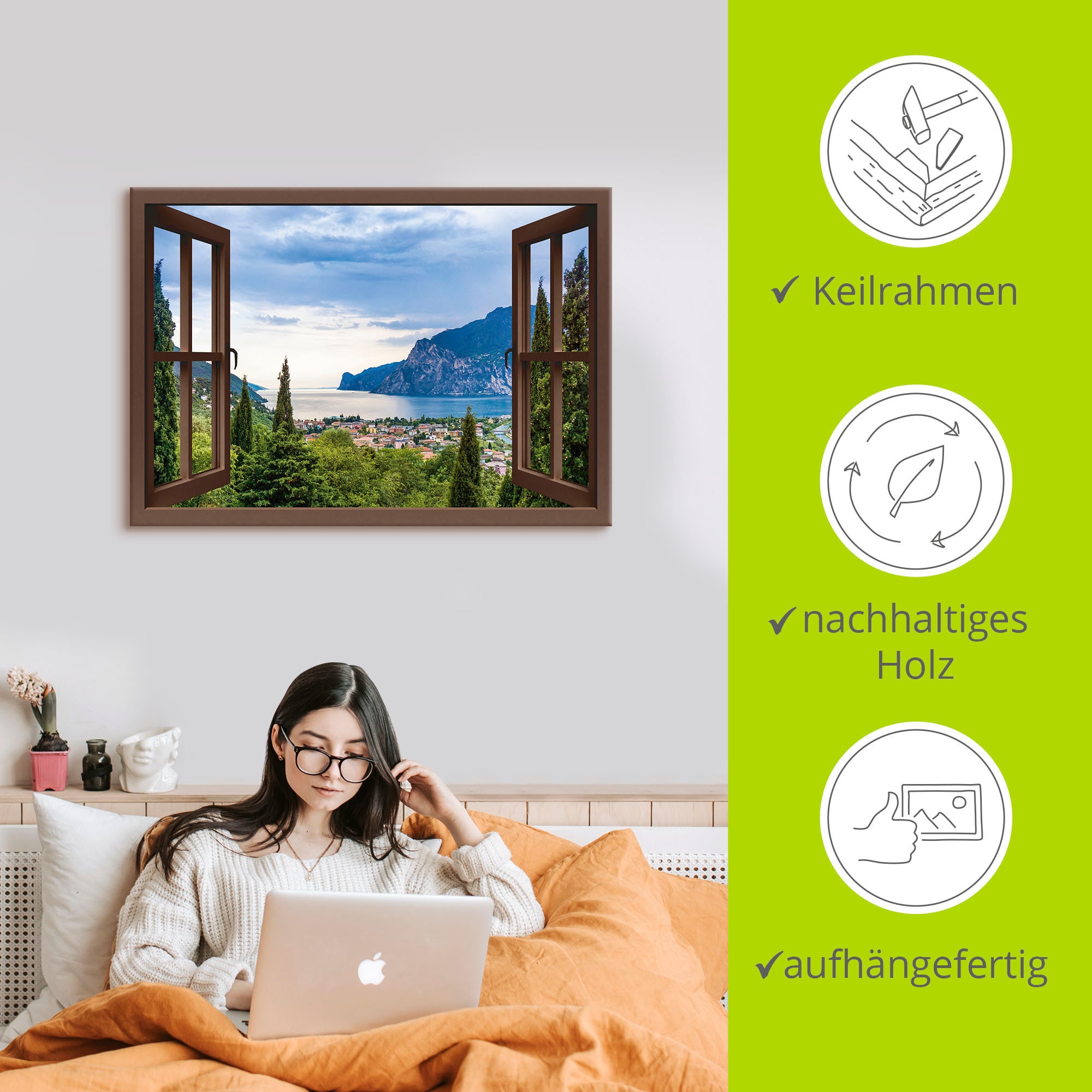 Artland Wandbild »Gardasee durchs braune Fenster« Seebilder 1 Stk. tlg. als Alubild, Leinwandbild in verschied. Größen