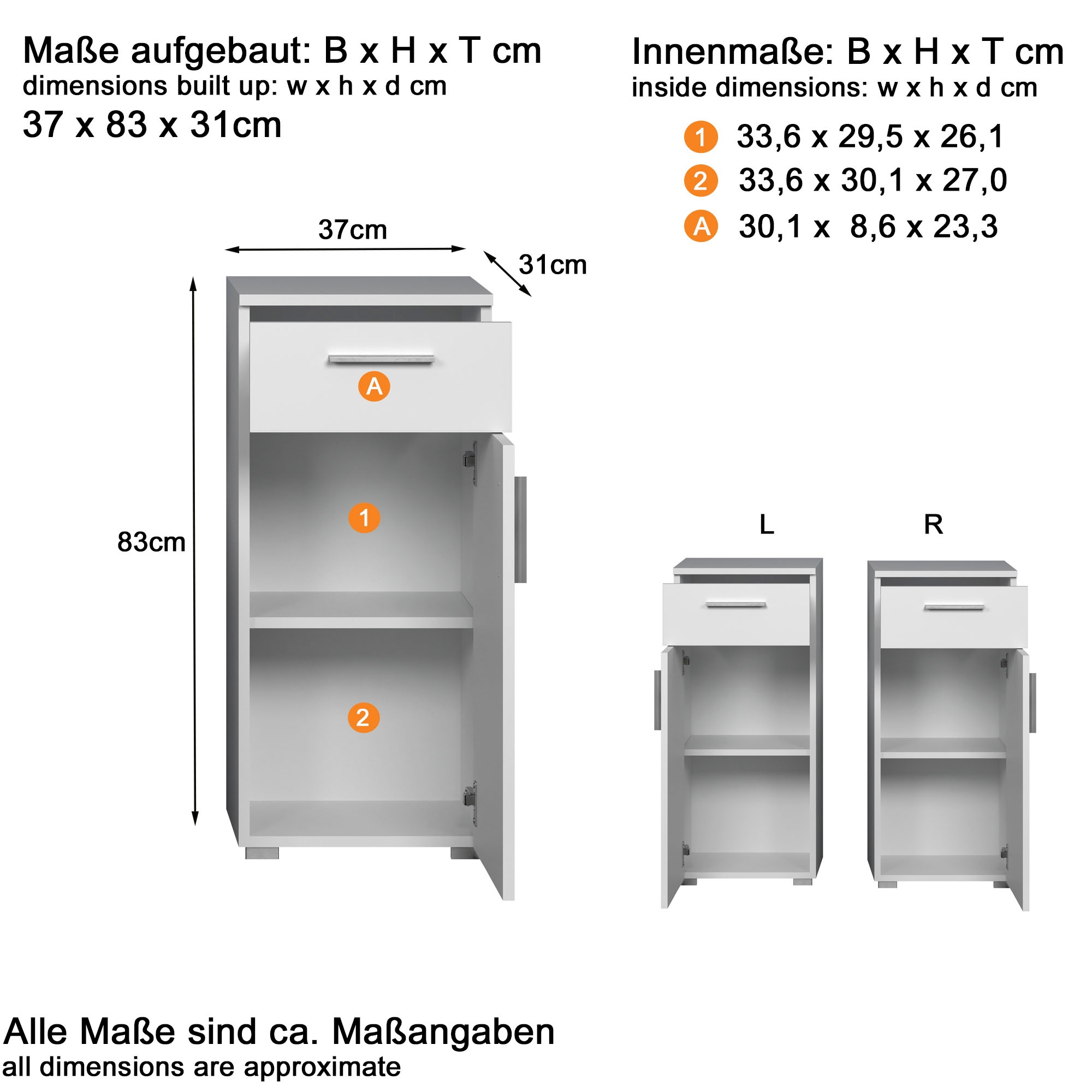 welltime Unterschrank »Prag«, (1 St.), Standschrank mit wechselbarem Türanschlag - (B/T/H) 37/31/83 cm