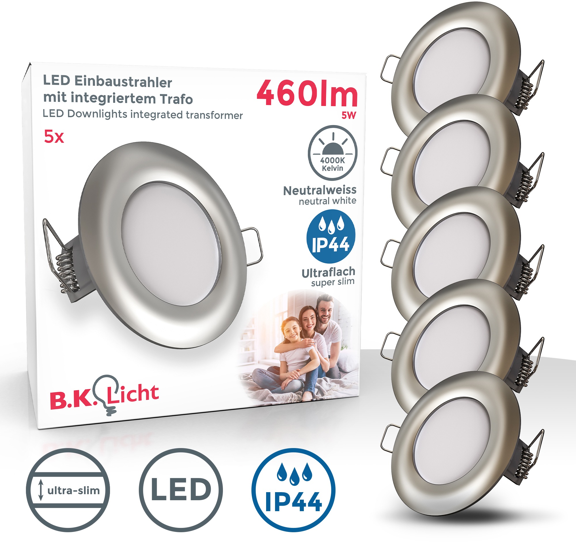 B.K.Licht LED Bad-Einbauleuchte, 5er Set, Schutzart IP44 spritzwassergeschützt, Ø 8,5 cm