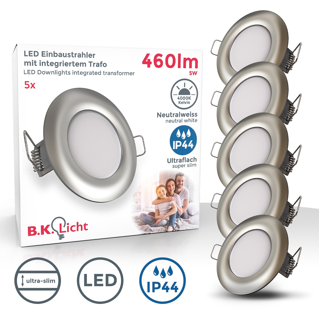 B.K.Licht LED Bad-Einbauleuchte, 5er Set, Schutzart IP44 spritzwassergeschützt, Ø 8,5 cm