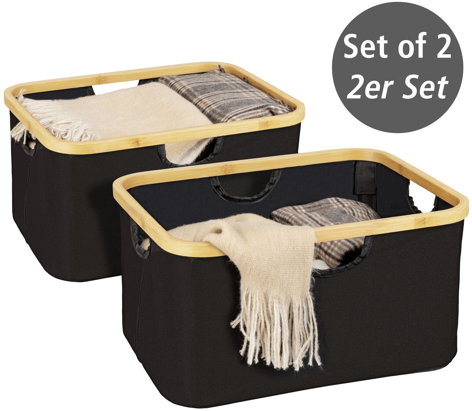 WENKO Wäschekorb »Modell Ecori«, (Set, 2 St.), Aufbewahrungskörbe, recyceltes Polyester mit Bambusrahmen