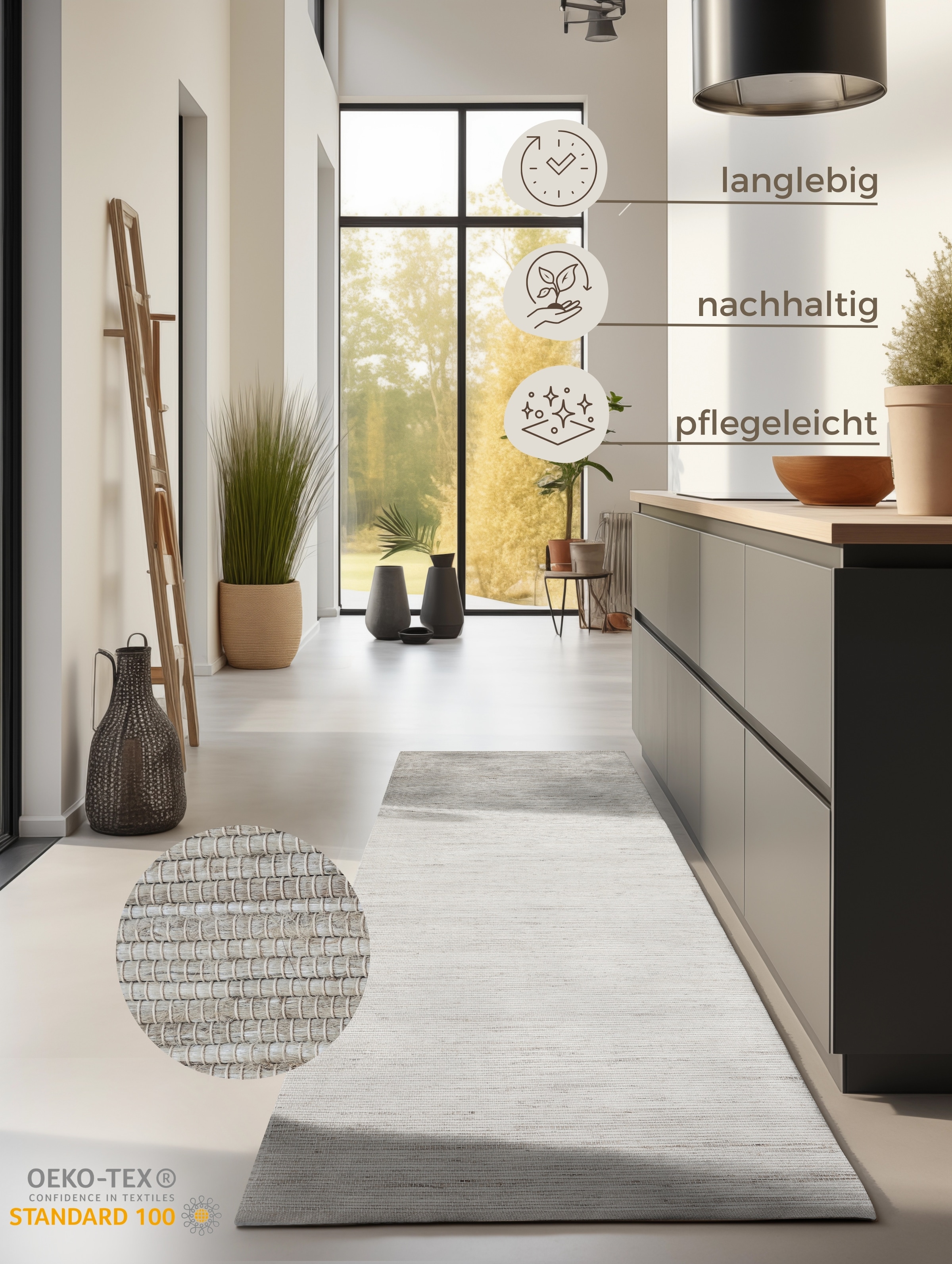 HANSE Home Teppich »Dhaka Juteteppich«, rechteckig, 5 mm Höhe, Läufer, handgewebt, Jute, Wolle, Natur, Wohnzimmer, Flur, Klassisch