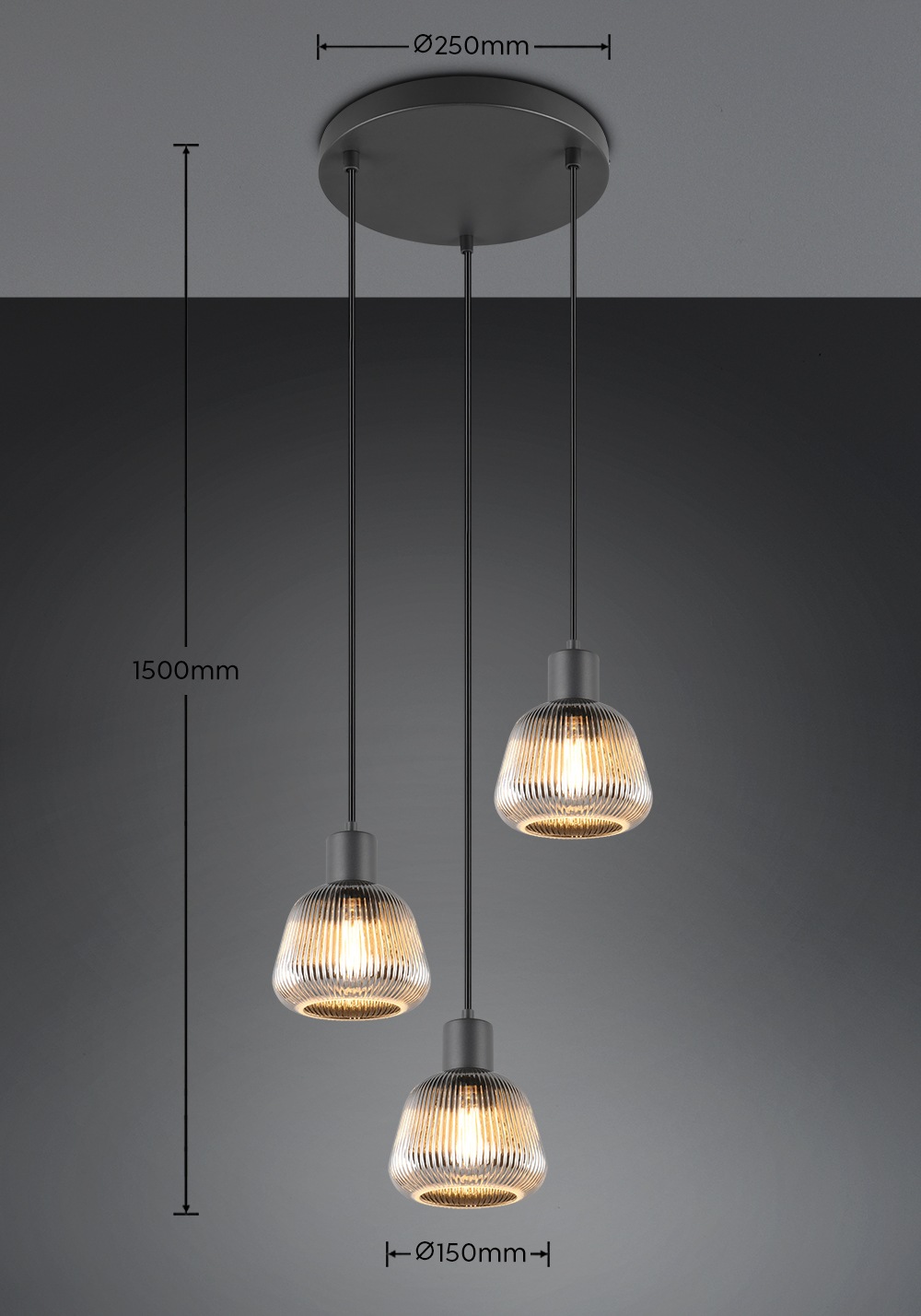 TRIO Leuchten Pendelleuchte »TARIFA, 3-flammige Hängeleuchte exkl 3xE27 max 25W, Glas Hängelampe« E27 1 Stk. warmweiß - kaltweiß höhenverstellbar max 150cm Glas in Riffeloptik und leicht verspiegelt