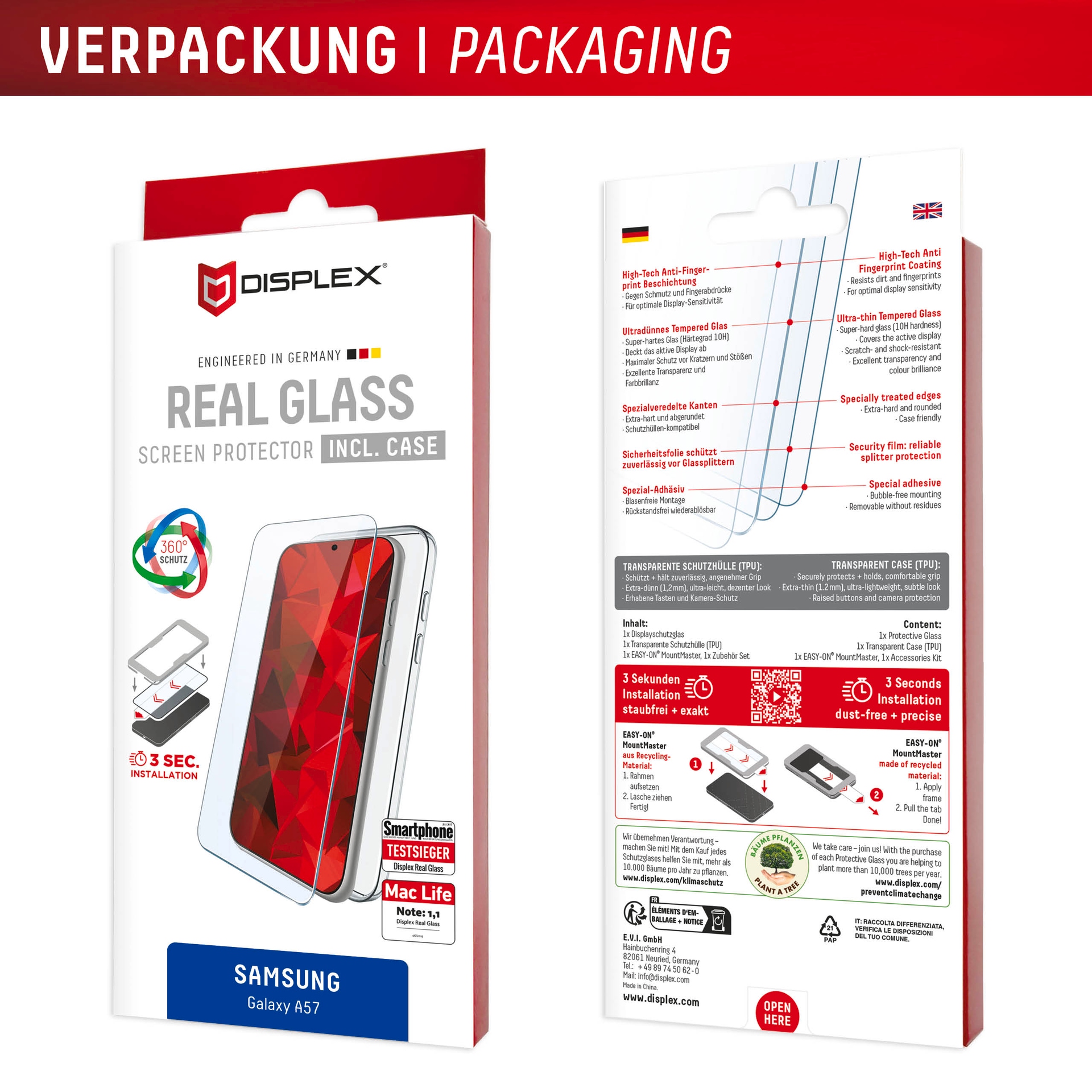 Displex Displayschutzglas »Real Glass Screen Protector + Case mit EASY-ON MountMaster« für Samsung Galaxy A57 Displayschutzfolie, Schutzfolie, Bildschirmschutz, kratz- & stoßfest