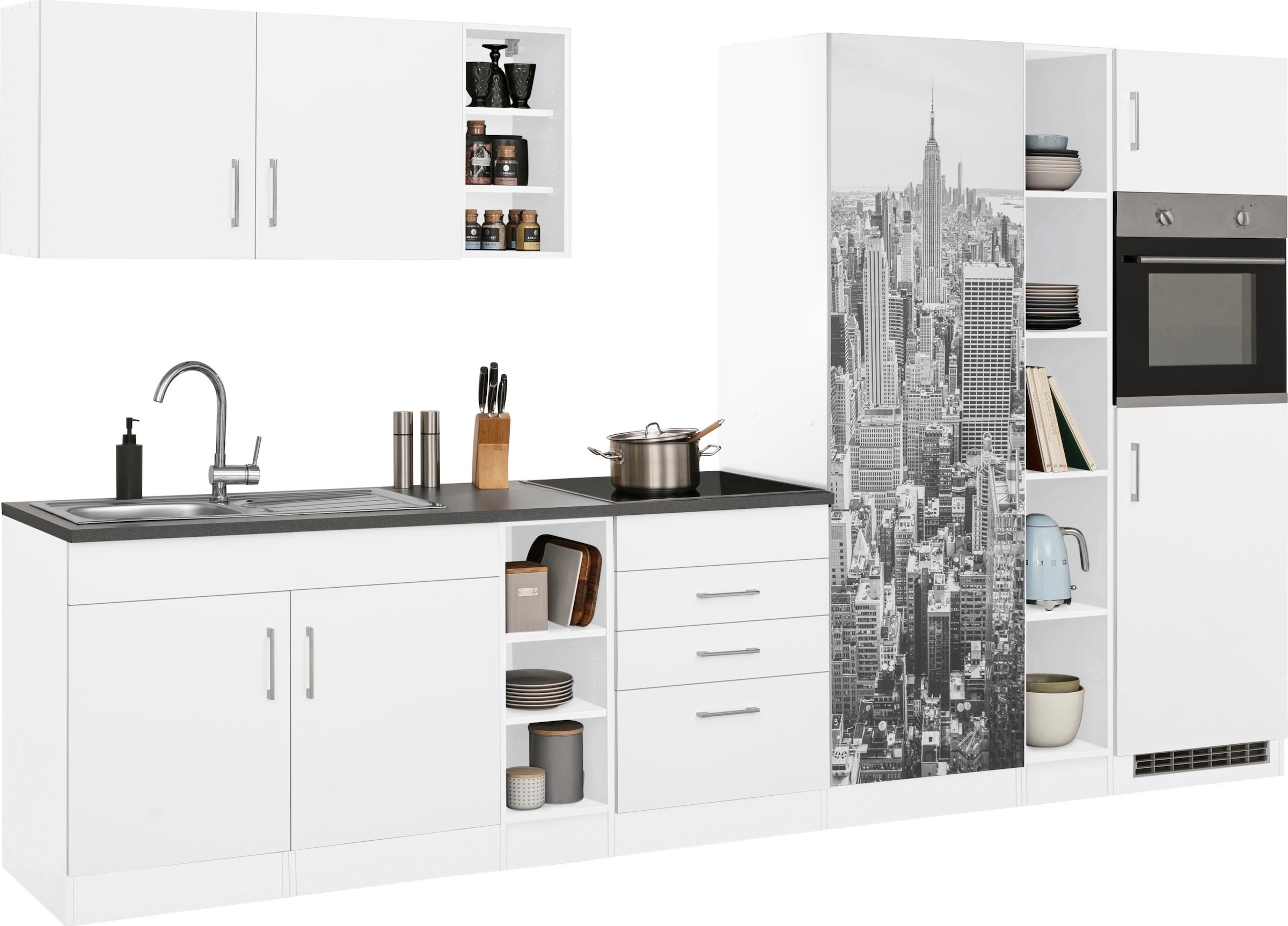 KOCHSTATION Küchenzeile »KS-Paris – Küchen mit einzigartigen Fotomotiven auf den Fronten« Breite 340 cm, wahlweise mit E-Geräten und Induktion
