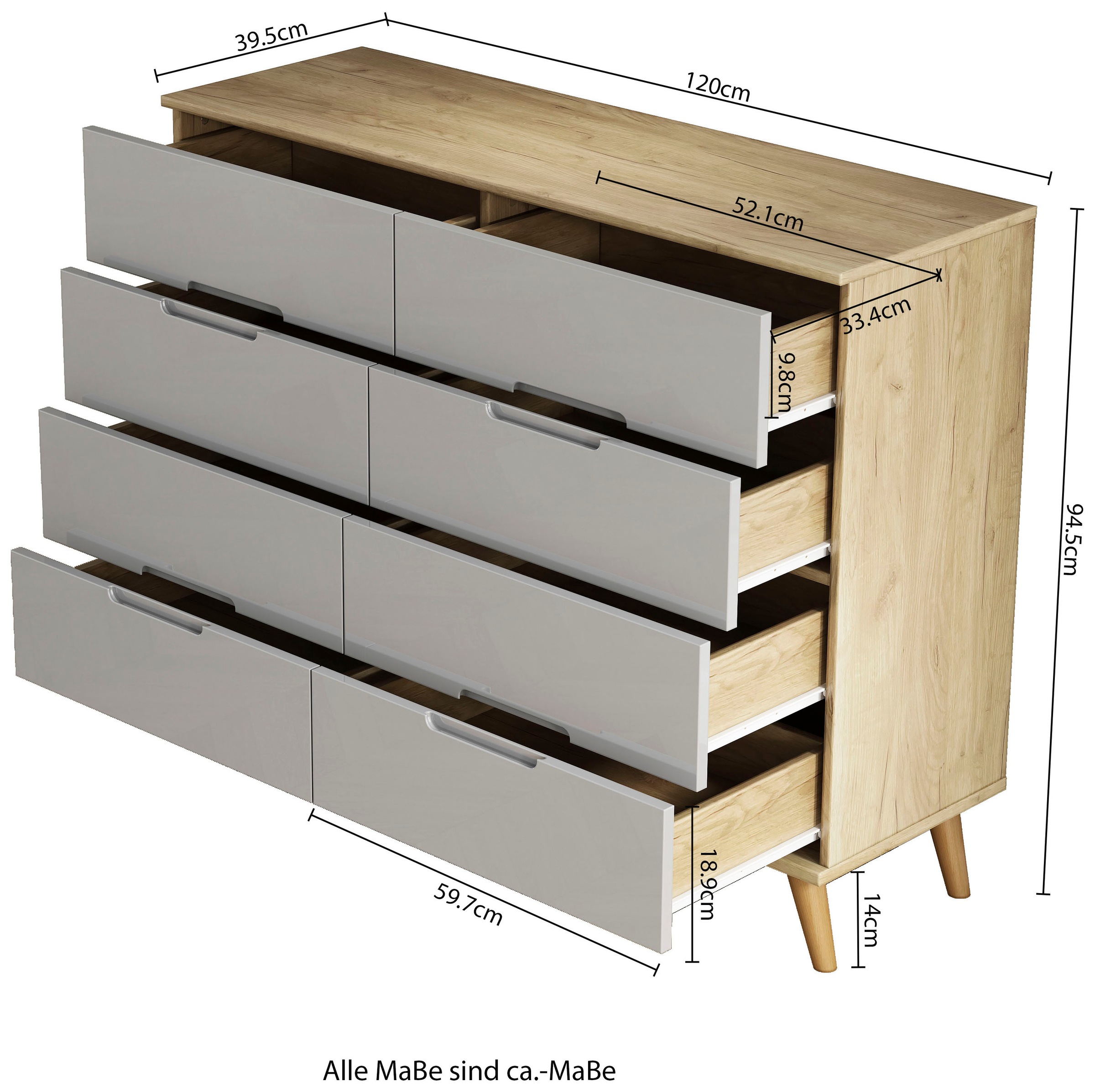 OTTO home Kommode »Lund« mit glänzenden Fronten, Griffmulden, helles Holzdekor, Breite 120 cm