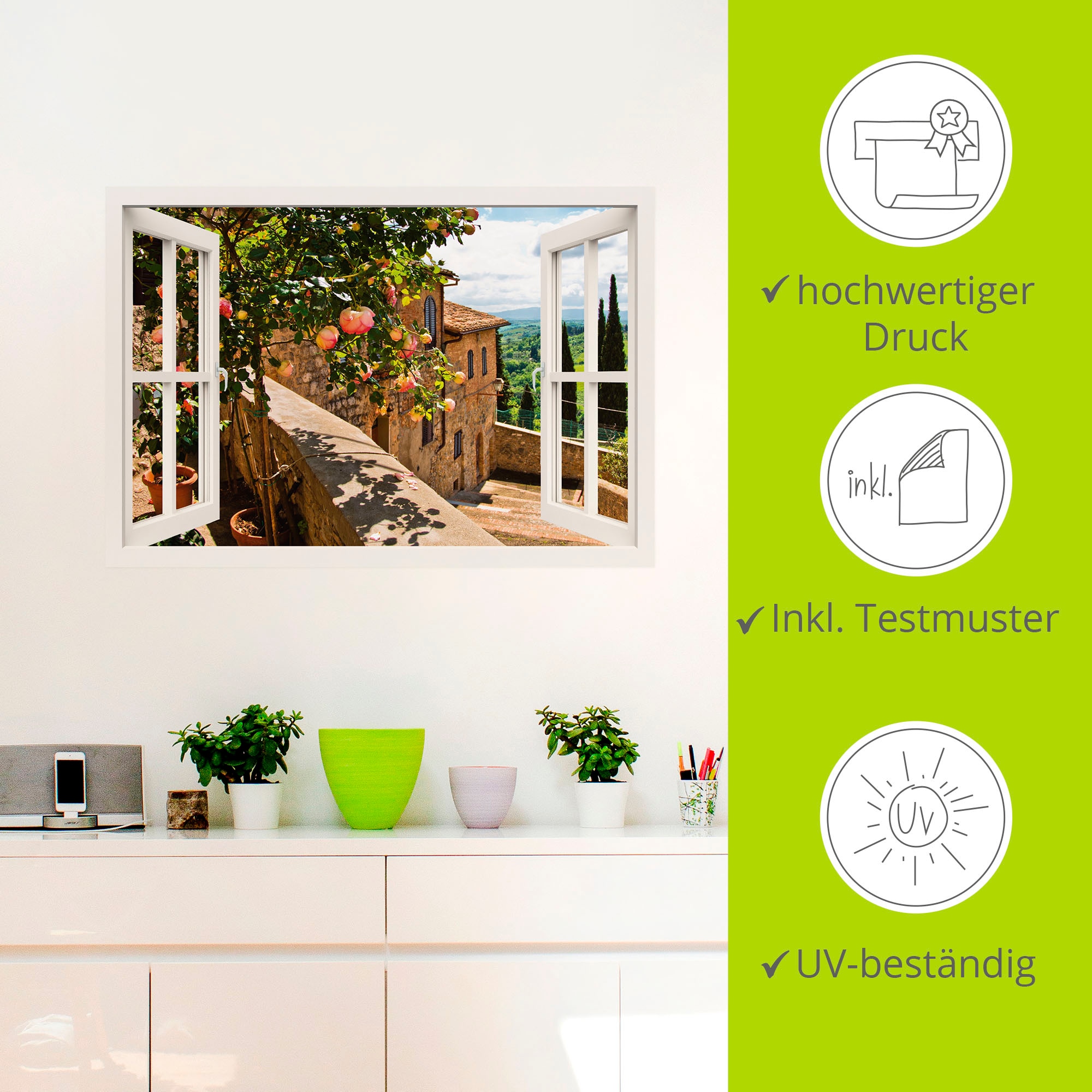 Artland Wandbild »Fensterblick Rosen auf Balkon Toskana«, Garten, (1 St.), als Alubild, Outdoorbild, Leinwandbild, Poster, Wandaufkleber