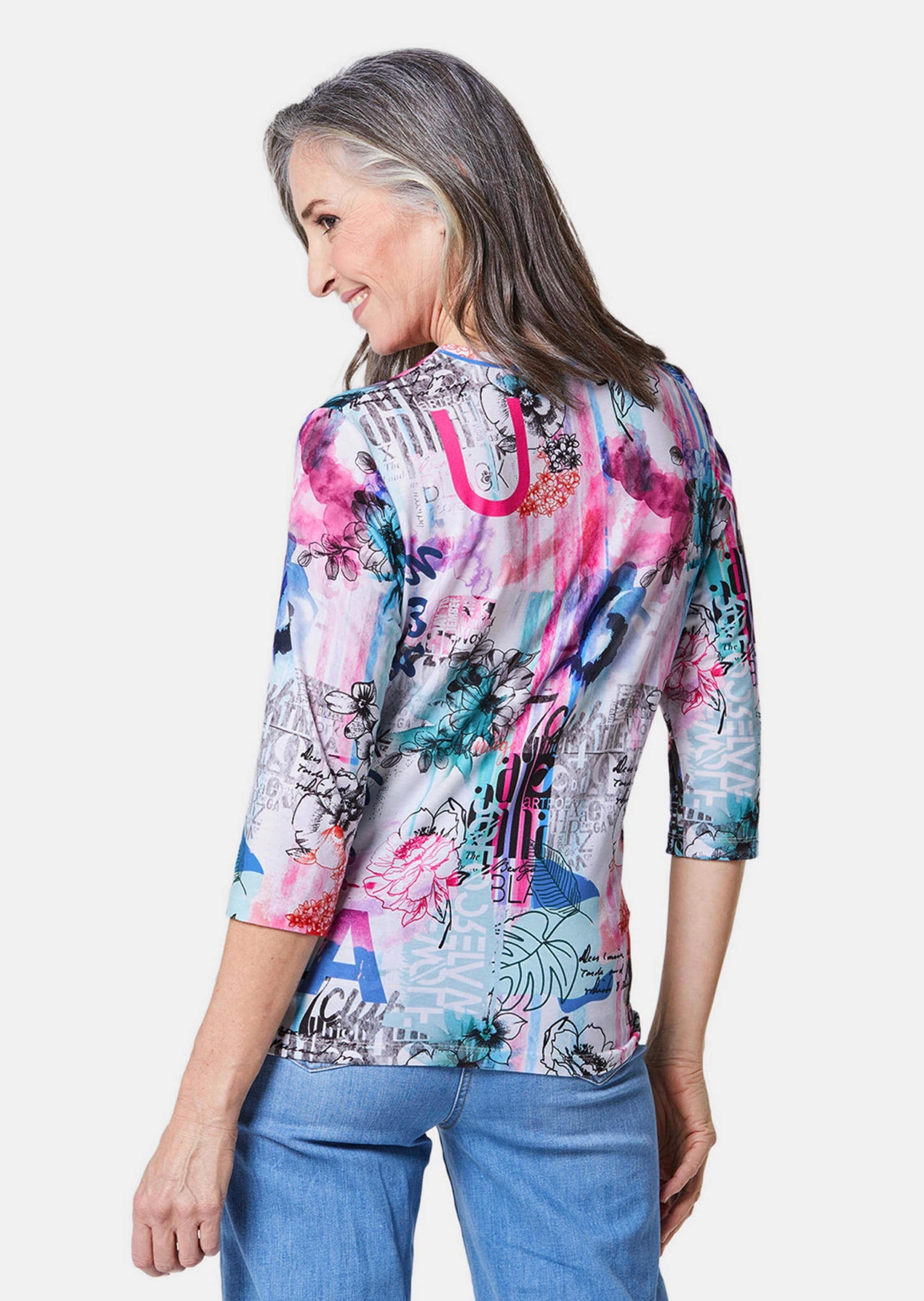 GOLDNER Print-Shirt »Kurzgröße Druckshirt mit Allover-Muster« Kontrastpaspel am Ausschnitt