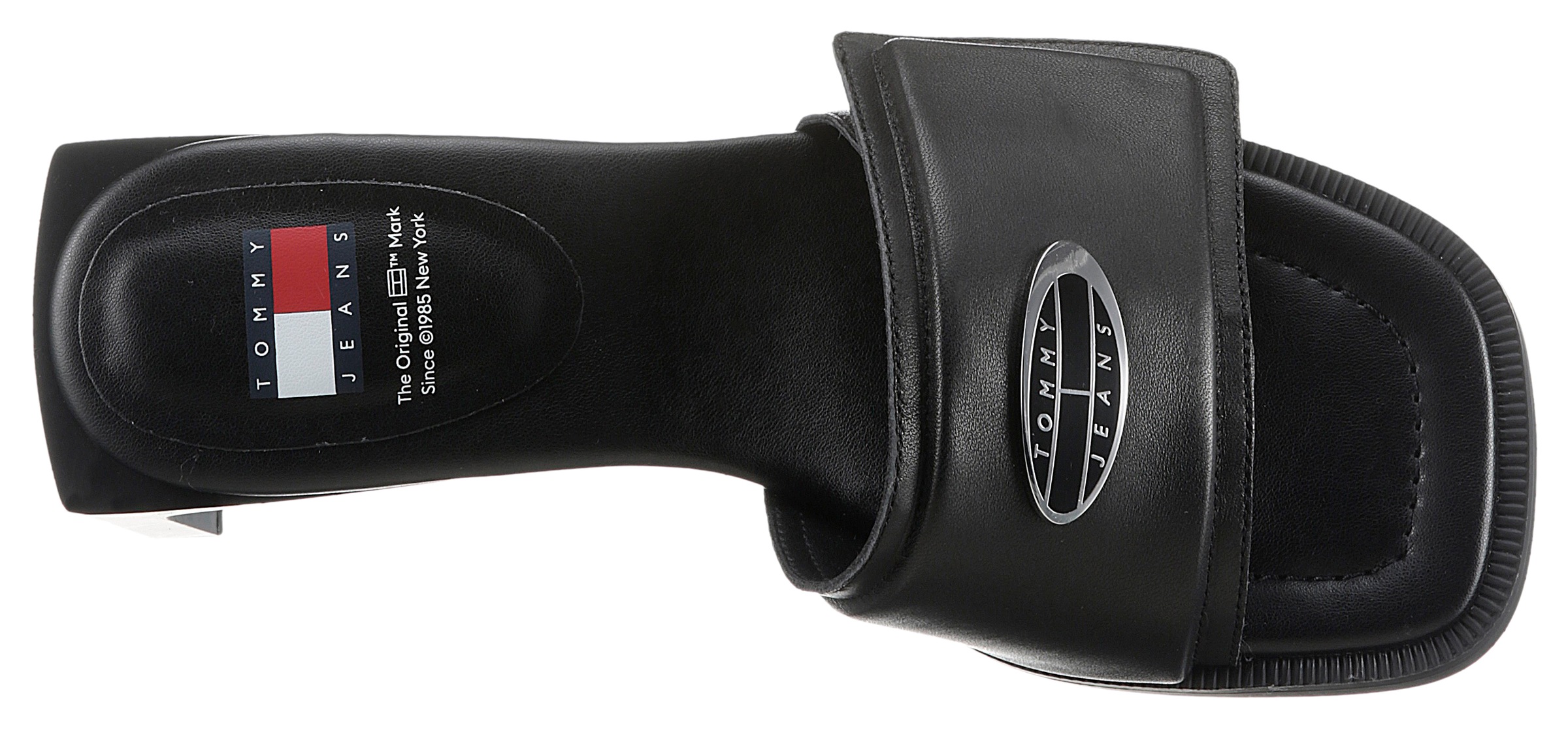 Tommy Jeans Pantolette »THE SOHO HEEL LEATHER«, Partymode, Sommerschuh mit breiter Bandage