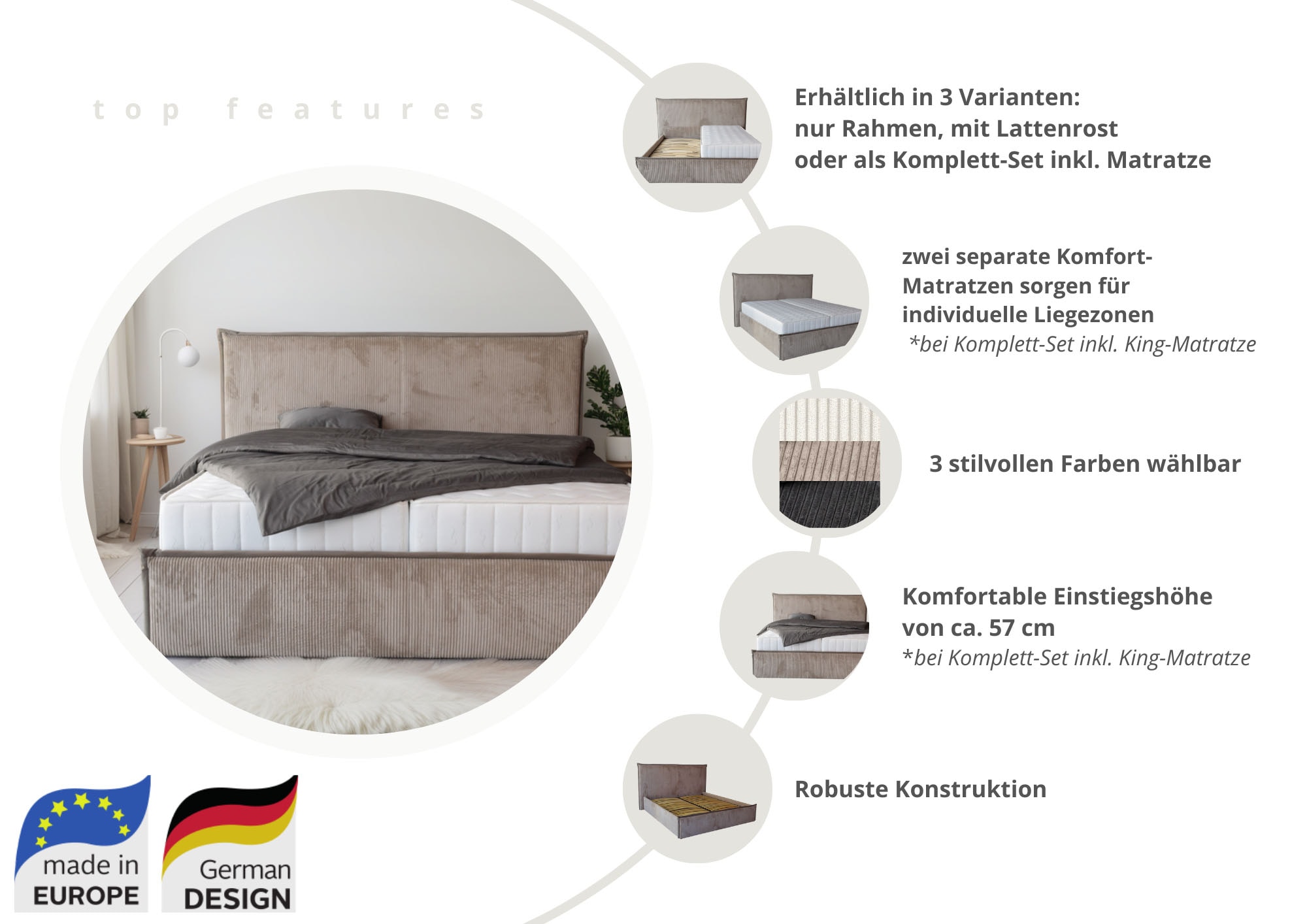 COLLECTION AB Polsterbett »Marla erhältlich in der Breite 180x200cm, mit Cordstoff bezogen« wahlweise mit Lattenrost und King-Matratze (28cm)