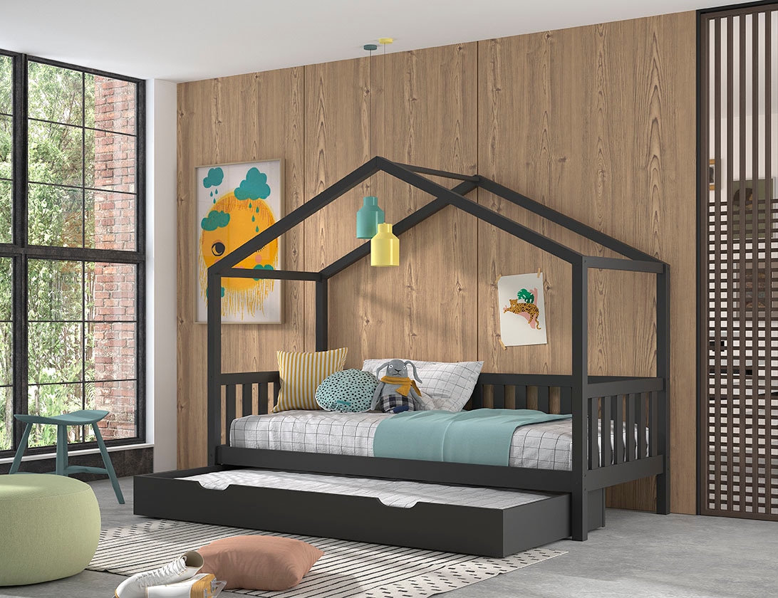 Vipack Hausbett »Dallas, mit Dachaufbau, Kiefer massiv, stabil gebaut«, (B/H/T ca. 210x170x97cm, mit Sprossenumrandung), wahlweise mit oder ohne Bettschublade