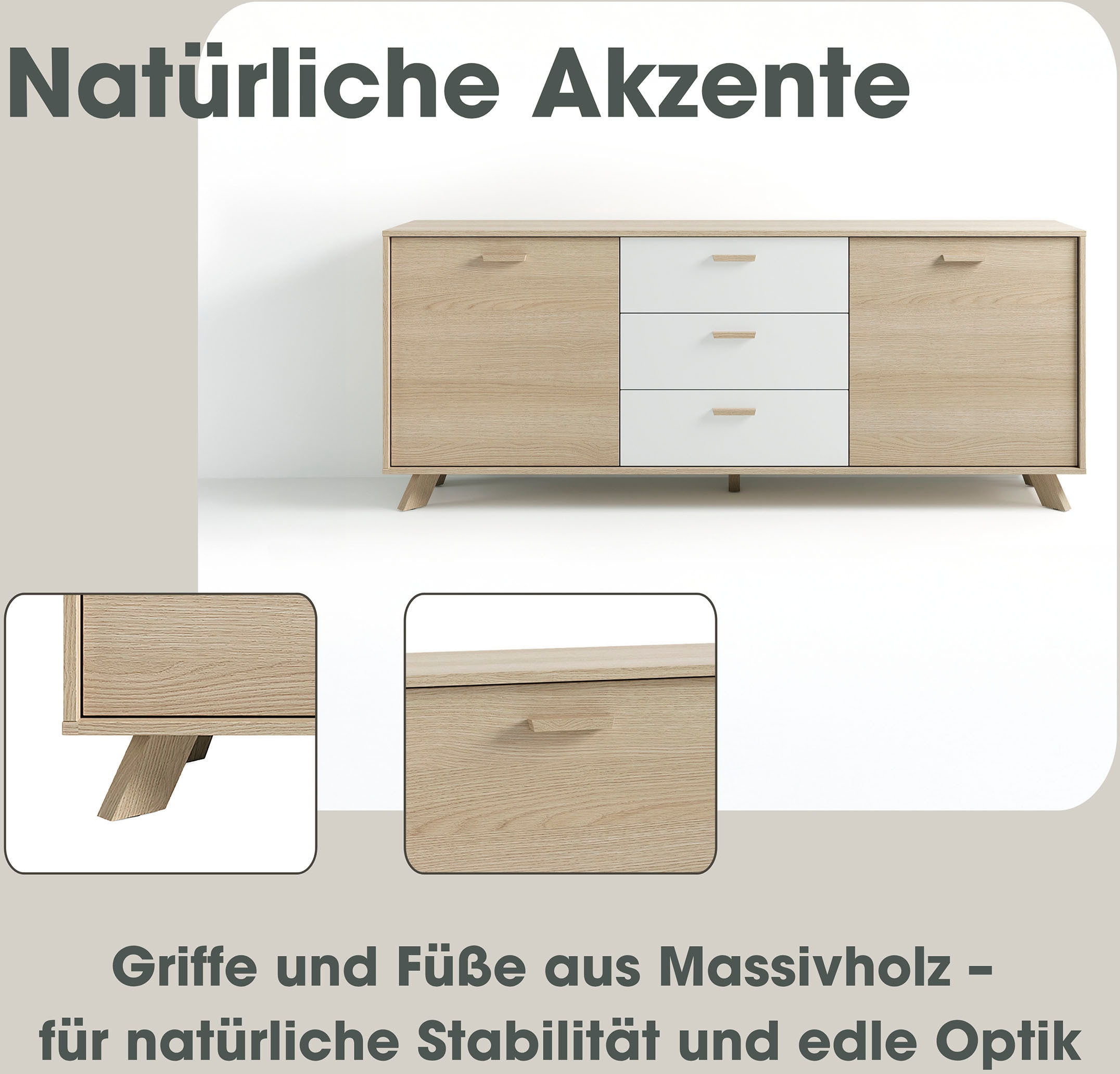 byLIVING Sideboard »Bastian« 1 Stk. tlg. mit massiven Holzfüßen und Griffen, natürlicher Eichenlook, 180cm