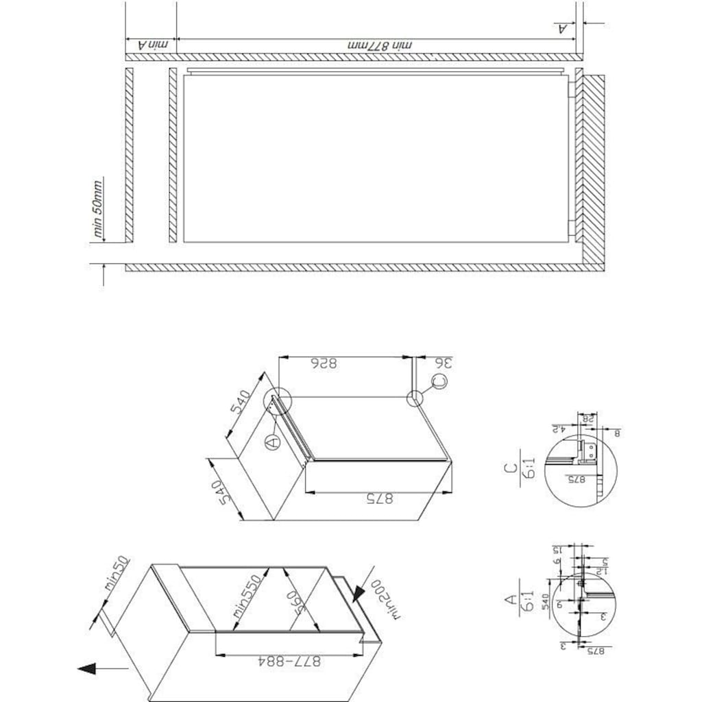 Amica Einbaukühlschrank, EKS 16171, 87,5 cm hoch, 54,0 cm breit, Sicherheitsglas