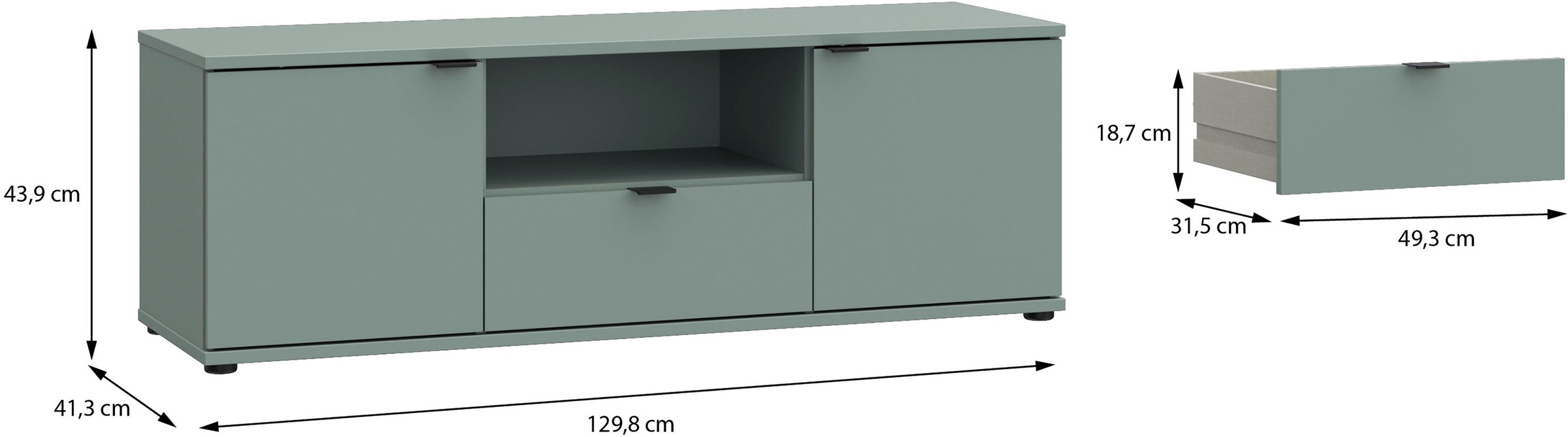 FORTE Lowboard »Ganymede«, (Breite 129,8cm), TV Board, Stauraum, Schublade; Metallgriffe, Kabelführung