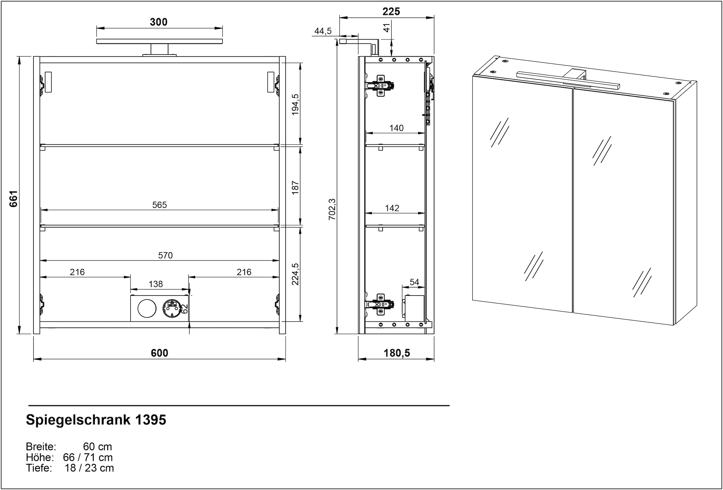 GERMANIA Spiegelschrank »GW-Arcena«, (1 St.), inkl. LED-Beleuchtung & Steckdosenbox, Glaseinlegeböden, Breite 60 cm