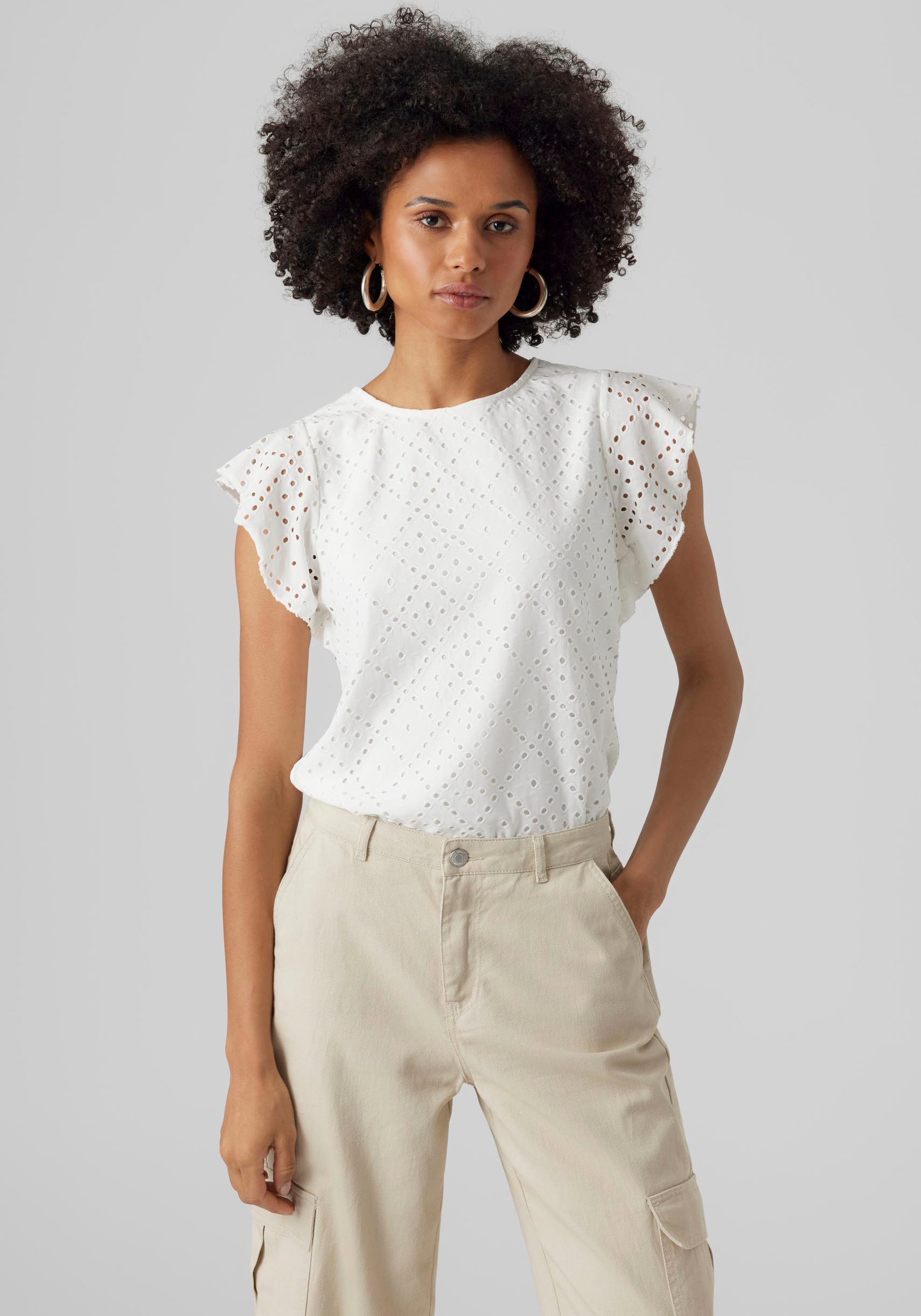 Vero Moda Rundhalsshirt »VMTASSA SL FRILL TOP NOOS« Materialmix, loose fit