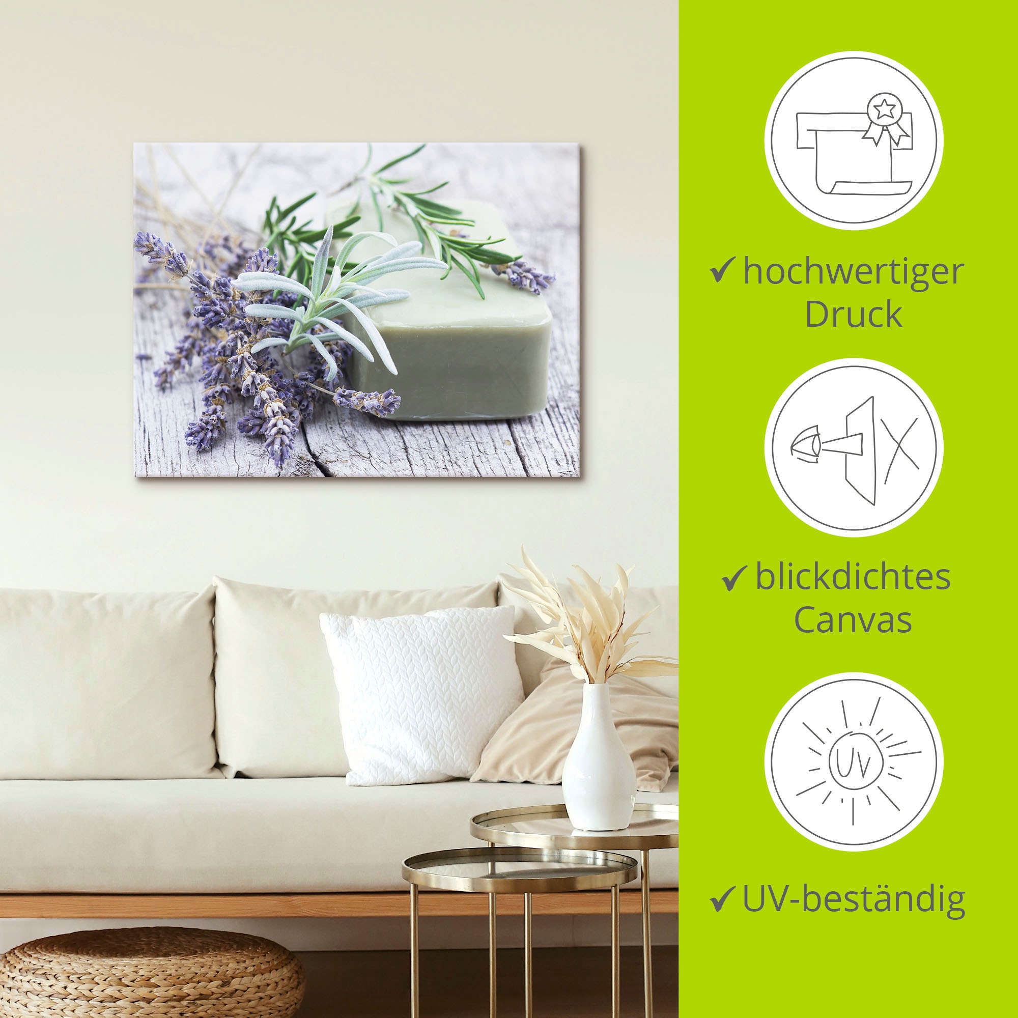 Artland Wandbild »Stück natürlicher Seife mit Kräutern«, Spa, (1 St.), als Leinwandbild, Poster, Wandaufkleber in verschied. Größen