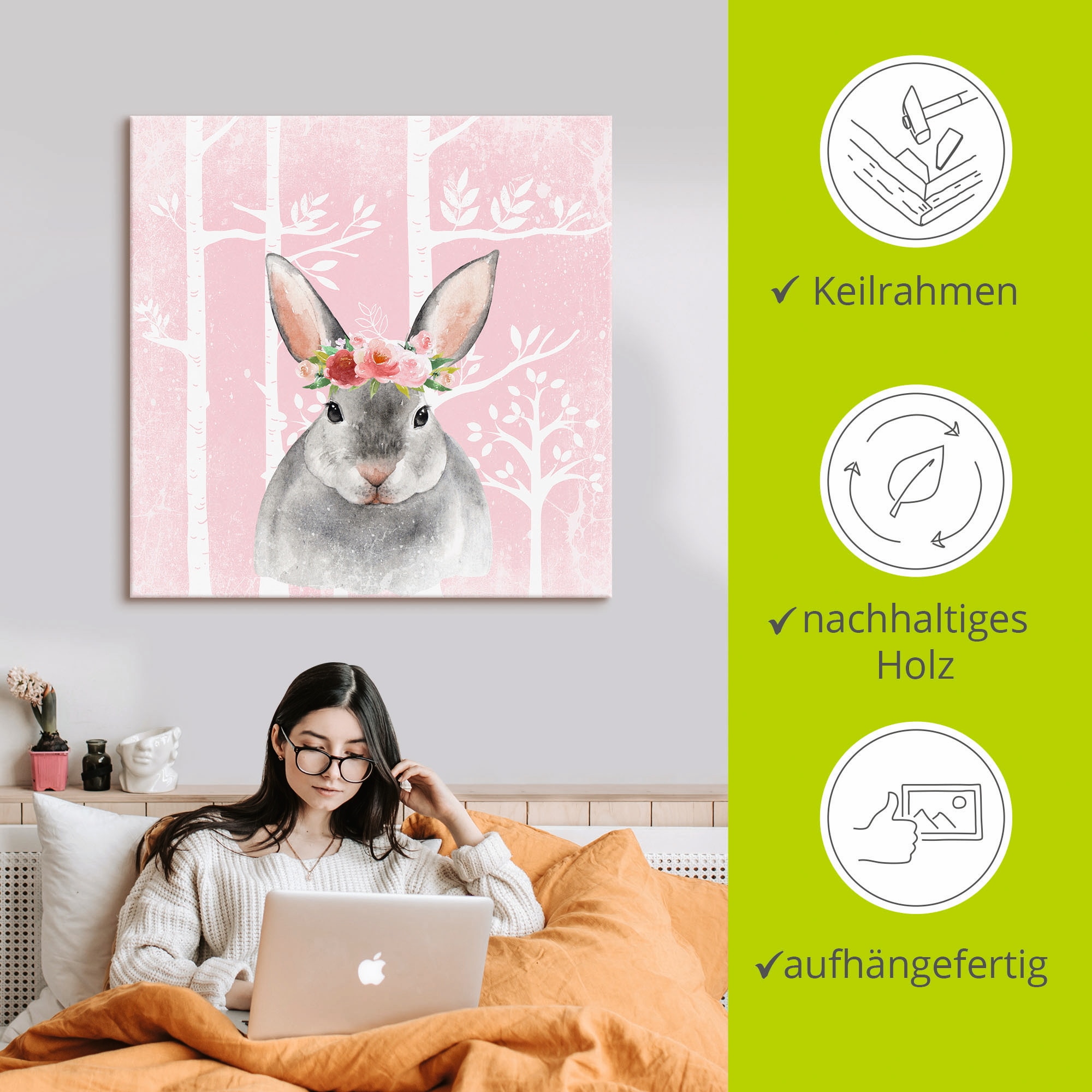 Artland Leinwandbild »Hase mit Blumen im pink Wald« Tiere 1 Stk. tlg. auf Holzrahmen gespannt