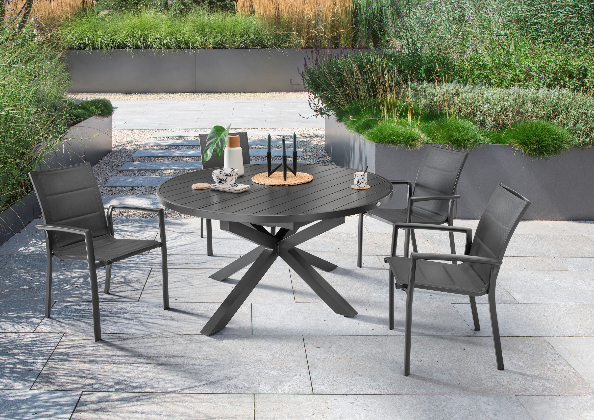 Garten-Essgruppe »COSTA ARONA«, (Set, 5 tlg., 1 Ausziehtisch, 4 Stapelsessel), (Set,...