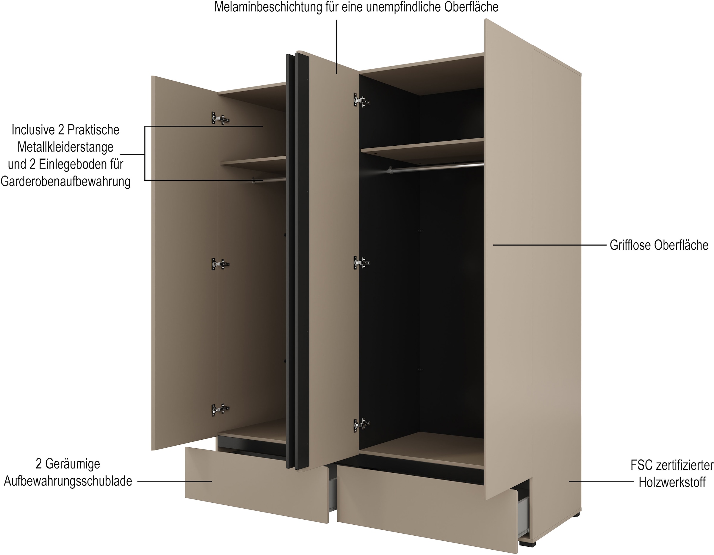 Home affaire Schlafzimmer-Set »Cross, moderne, grifflose Optik, FSC-zertifiziert«, (4 tlg., Bett 180x200cm, 2 Nachtkommoden, Schrank 2-oder 4-türig), Komplettschlafzimmer-Set