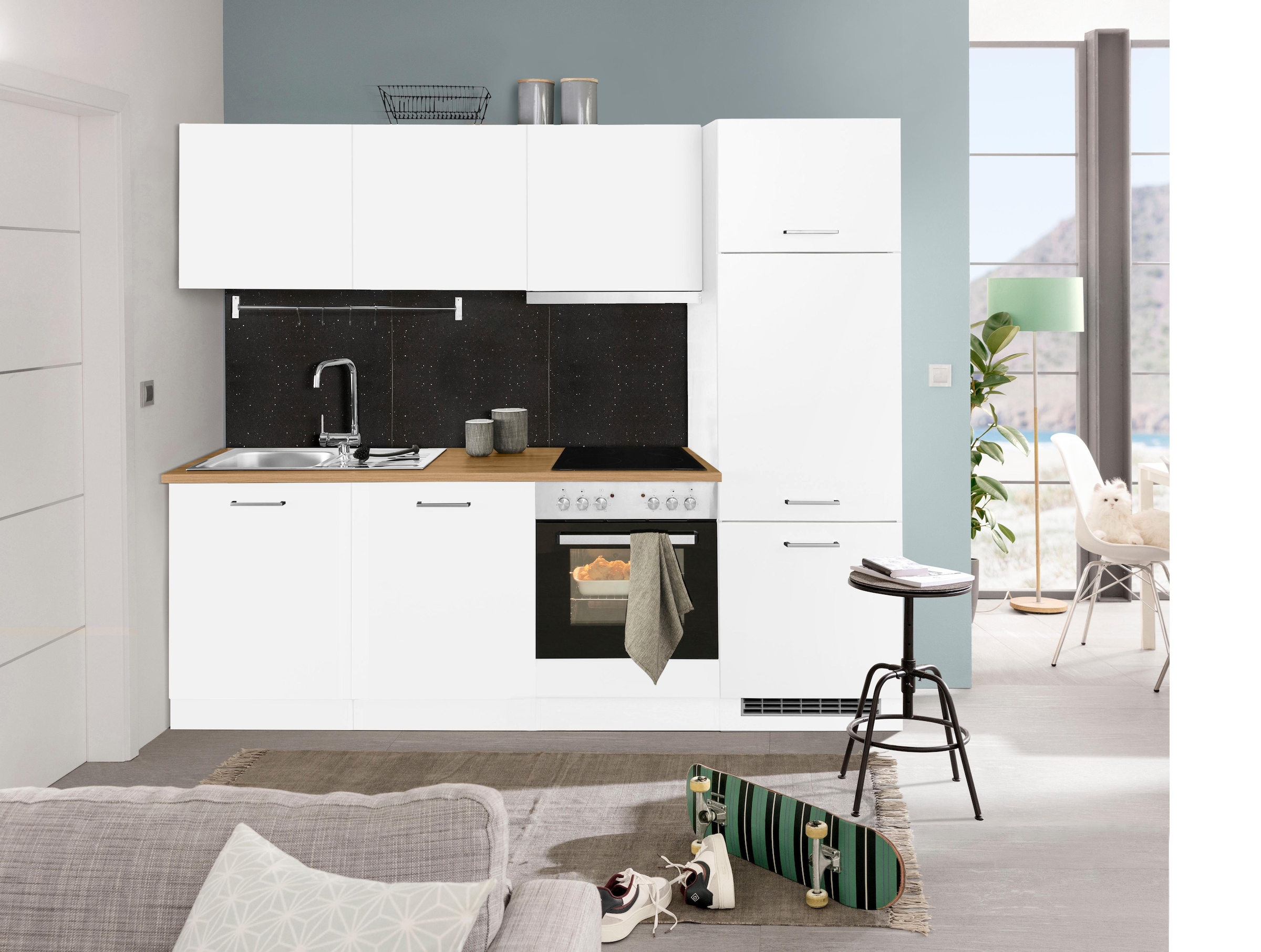 KOCHSTATION Küchenzeile »KS-Kehl«, mit E-Geräten, Breite 240 cm, inkl. Kühlschrank und Geschirrspüler