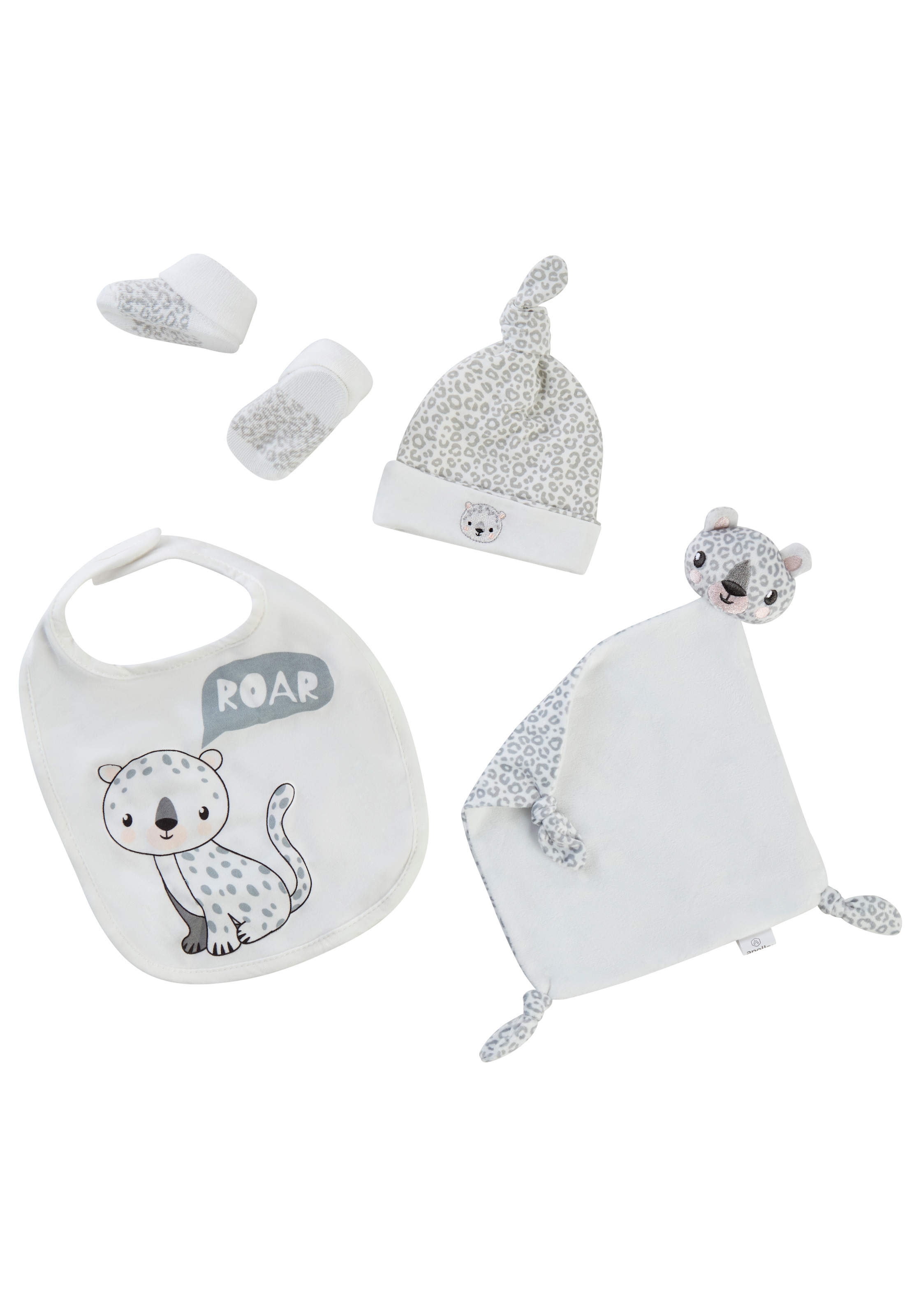 Apollo Neugeborenen-Geschenkset, Tiger Babyset, Mütze, Socken, Lätzchen, Tuch