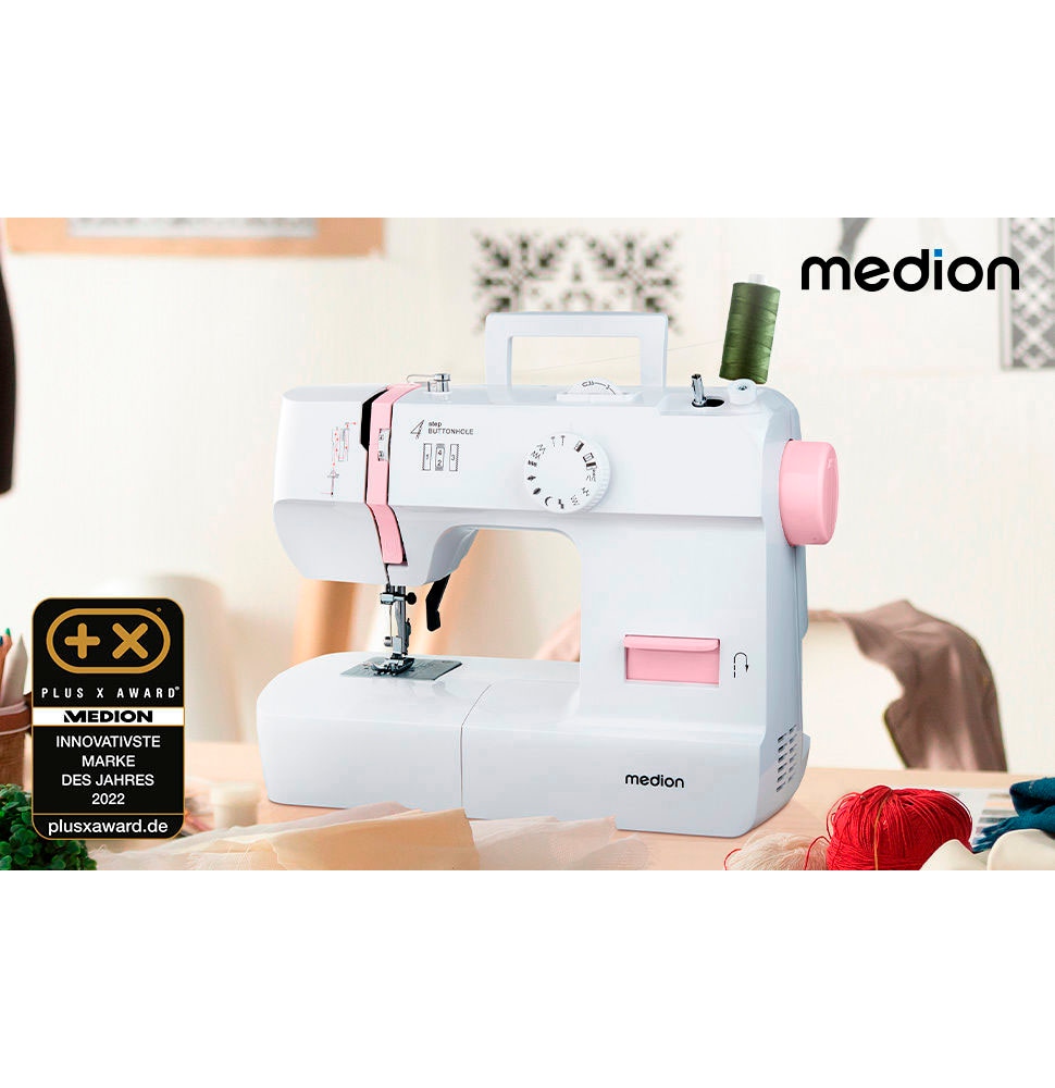 Medion® Freiarm-Nähmaschine »MD 11179, 12 Stichmuster, 4 Schritte Knopfloch,«, 12 Programme, Vertikales Spulsystem, LED Nählicht, Integrierter Fadenschneider