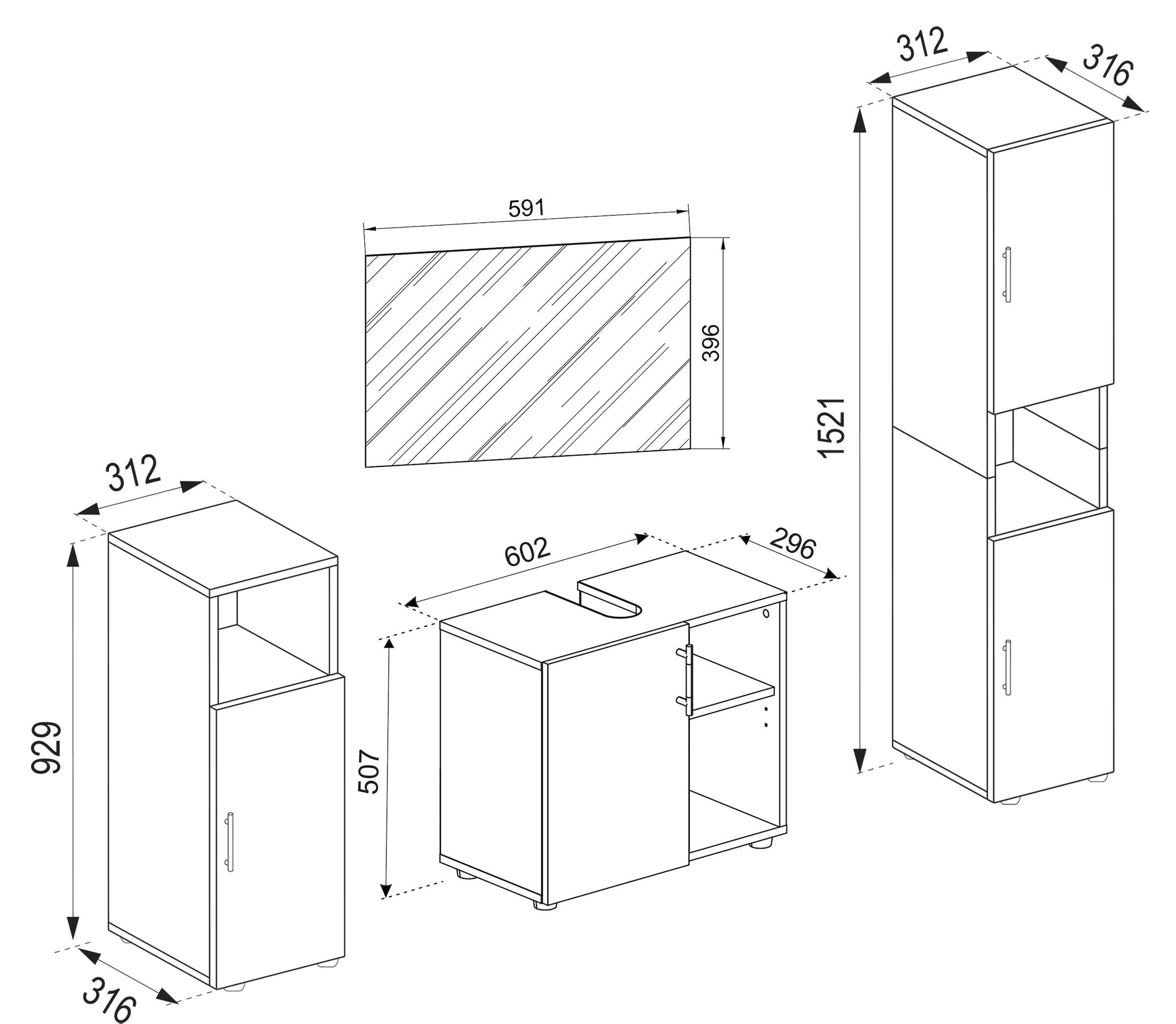 VCM Waschbeckenunterschrank »VCM 4-tlg. Badmöbelset | Badmöbel | Set aus Unterschrank, Midischrank, Hochschrank und Spiegel | Badezimmermöbel ¿ Flandu III«, (4 St.)