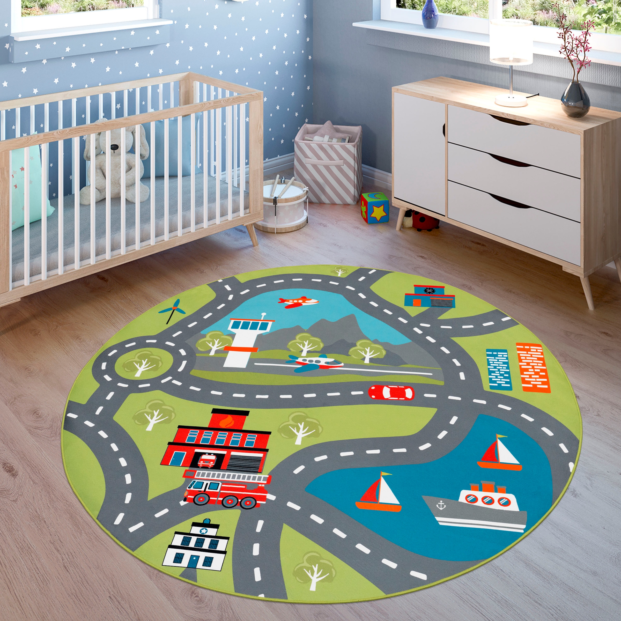 Paco Home Kinderteppich »Bino 562« rund 4 mm Höhe Kurzflor, Straßen-Spiel-Teppich, Motiv Flughafen, Kinderzimmer