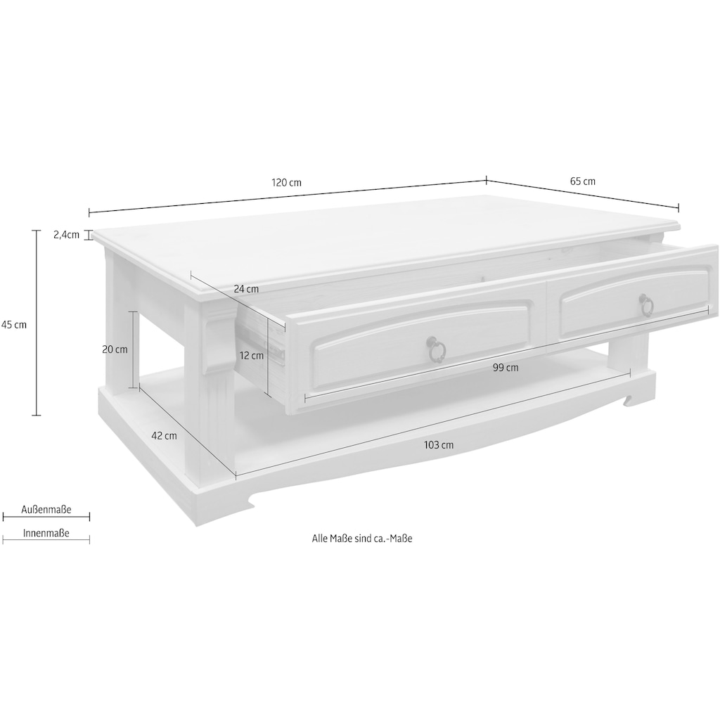 Home affaire Couchtisch »Anna«, mit 2 Schubladen aus massiver Kiefer
