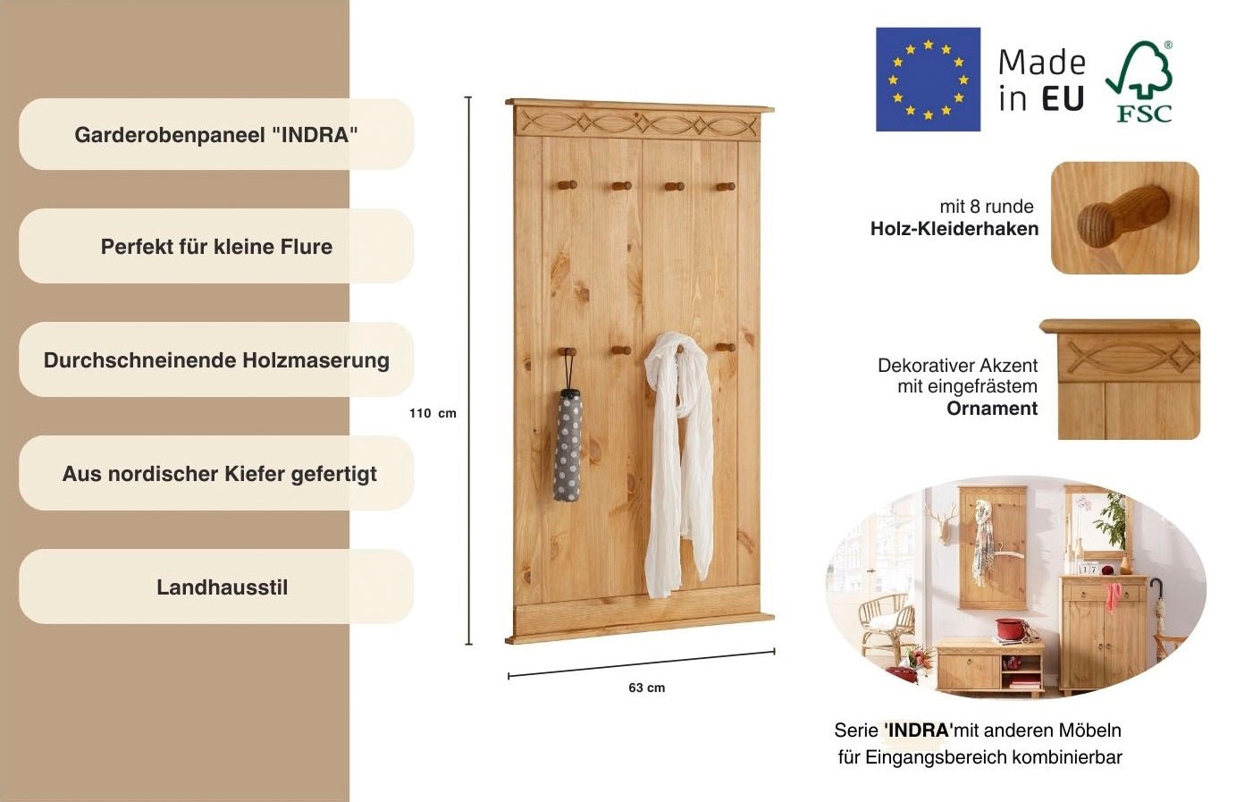 Home affaire Garderobenpaneel »Indra«, aus massiver Kiefer, FSC®, 8 Haken, dezentes Ornament