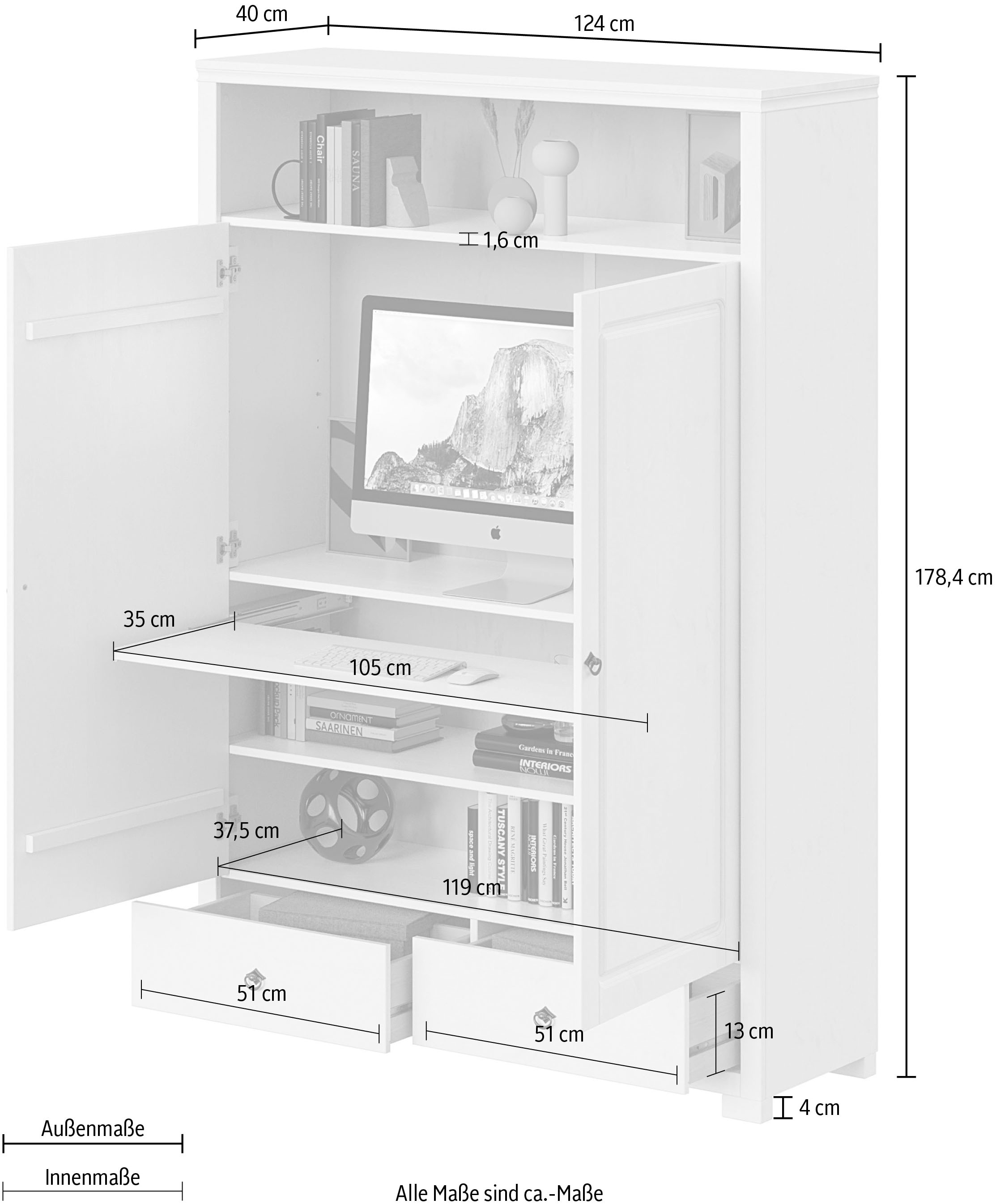 OTTO home Wäscheschrank »Gotland! Home Office Schrank, Mehrzweckschrank, Büroschrank« H/B/T ca. 180/125/40cm,  mit Ausziehregal, Schublade, stabil + langlebig, Massivholz made in EU
