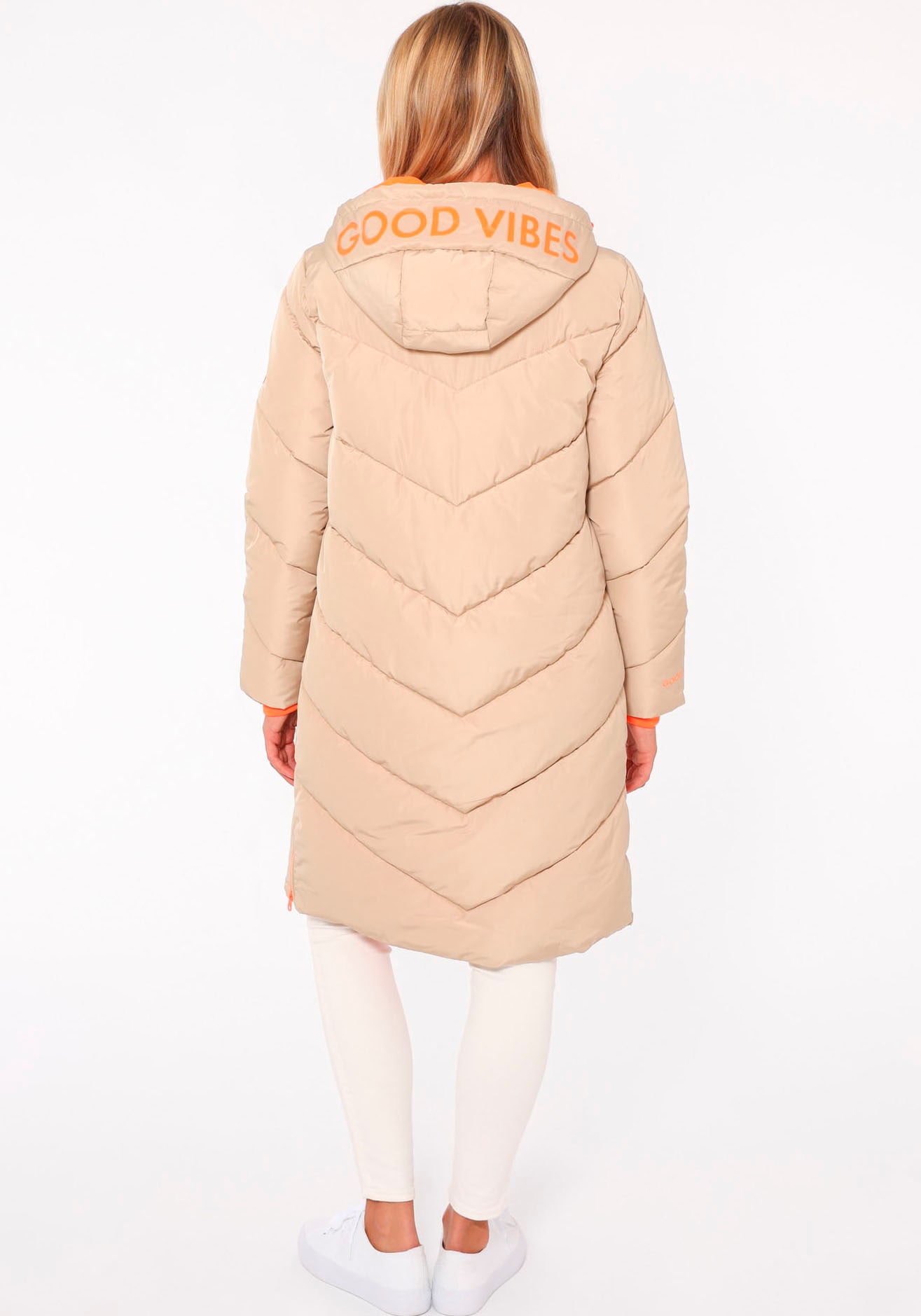 Zwillingsherz Steppmantel »"Positive Mind"«, Doppelzipper, Kapuze mit Schriftzug hinten, Kontrastdetails, wärmend