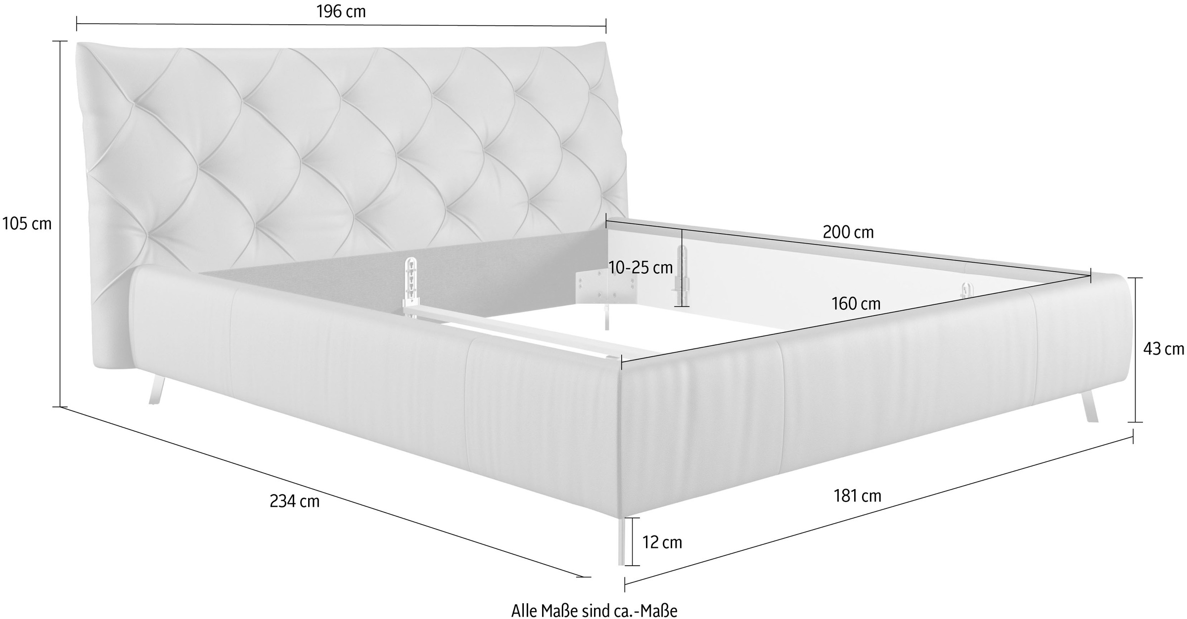 Home affaire Polsterbett »Elloree in 4 Breiten bis 200cm, auch in Leder« Kopfteilhöhe 105cm, belastbar bis 280 kg, auch in Überlänge 220cm