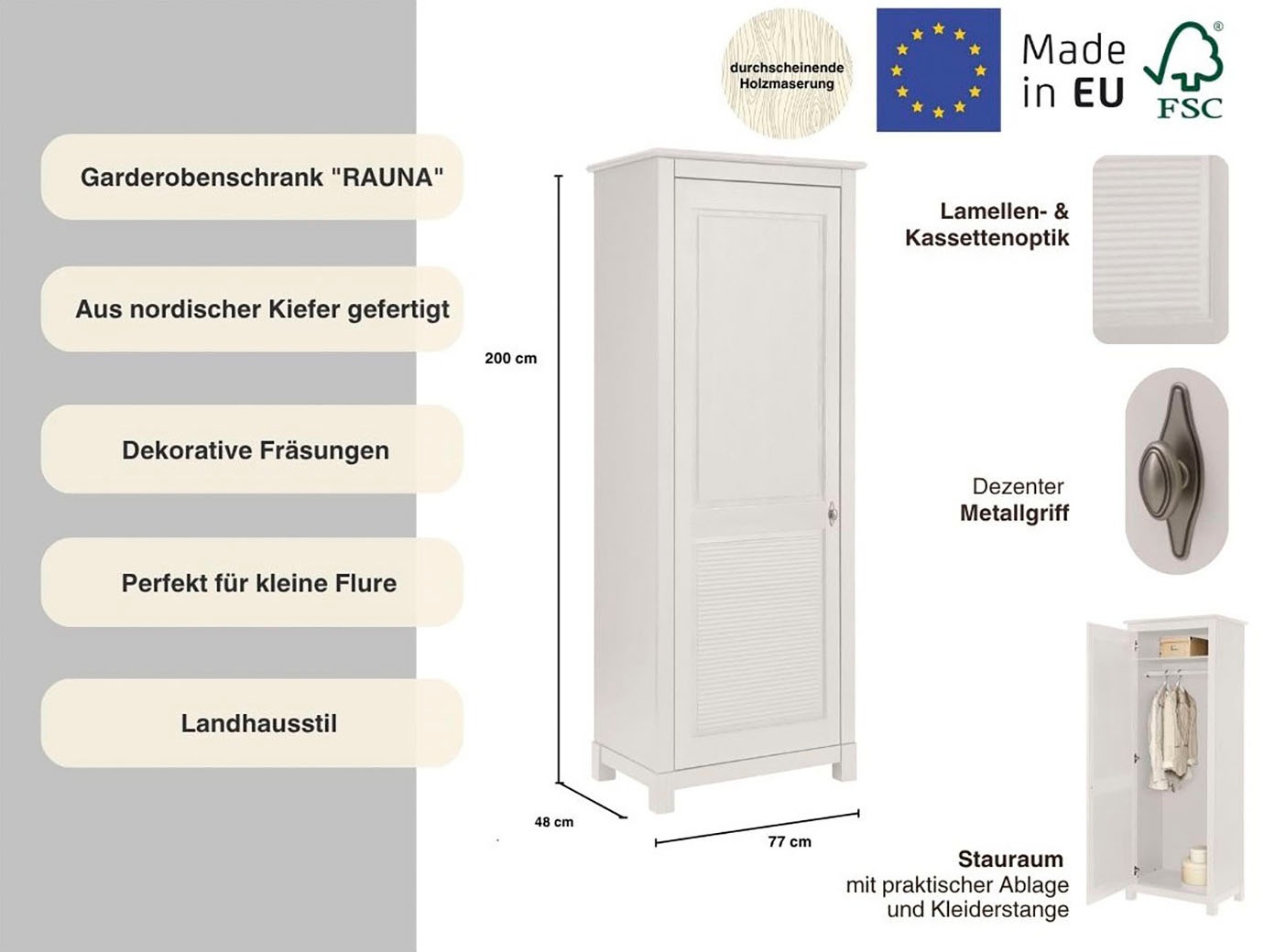 Home affaire Garderobenschrank »Rauna«, aus massiver Kiefer, FSC®, mit dekorativen Fräsungen