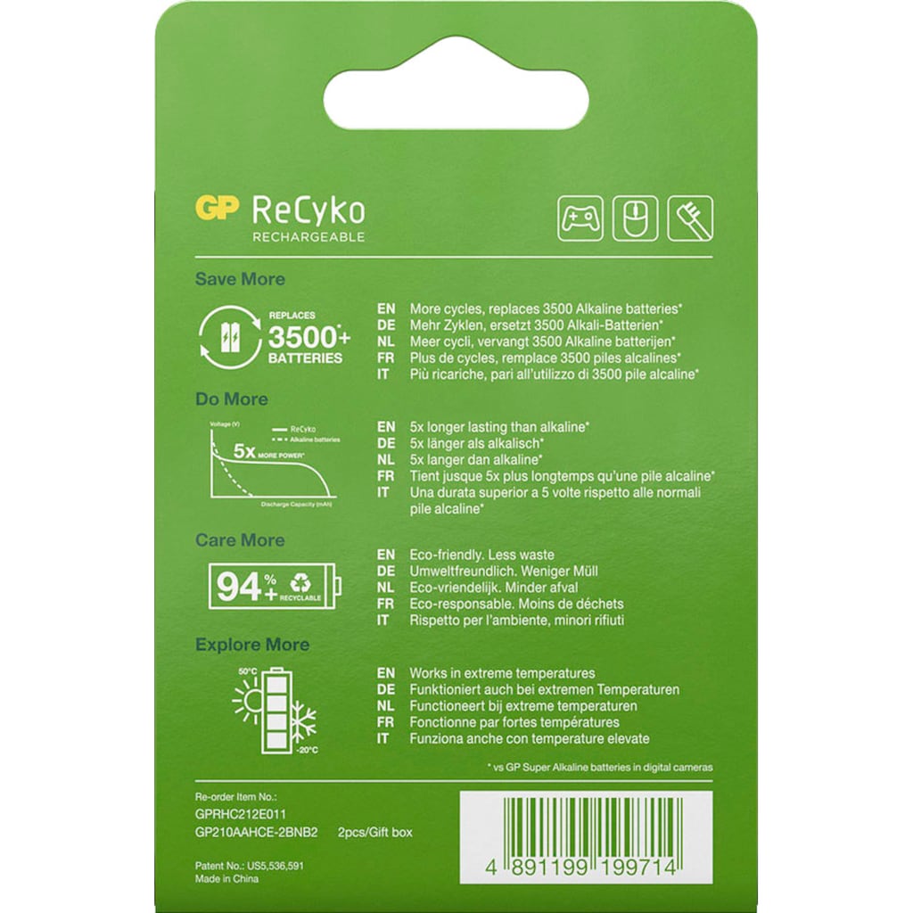 GP Batteries Batterie »2er-Pack ReCyko 210AAHC«, (2 St.)
