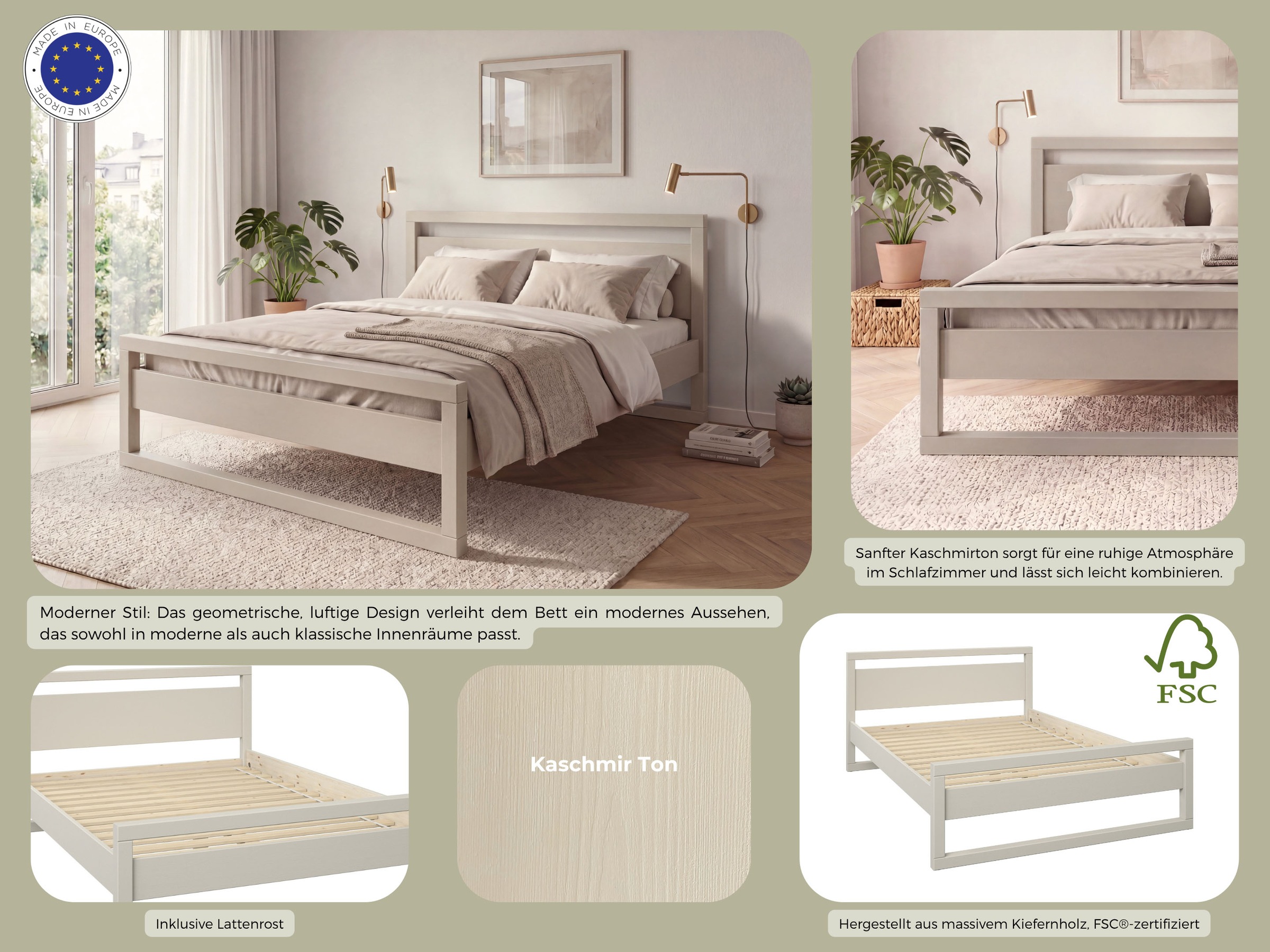OTTO home Massivholzbett »Wellow , Kaschmir-Beige-Beige, Kiefer, inklusive Lattenrost« nordisch-modern, bis 180 kg belastbar, FSC® & Made in Europe