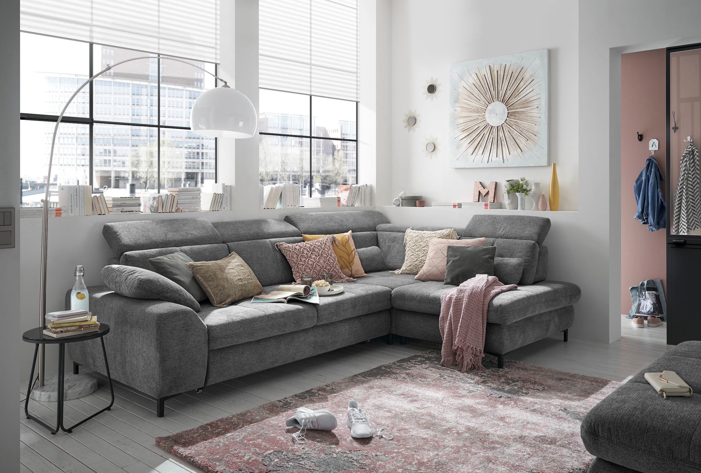 set one by Musterring Ecksofa »SO 3400 Sitzhöhe 47cm oder 49cm, Sitztiefe verstellbar, B/T 317/220 cm«, Kaltschaumpolsterung, Flachgewebe, whlw. mit Funktionen, Sitzhöhe 47