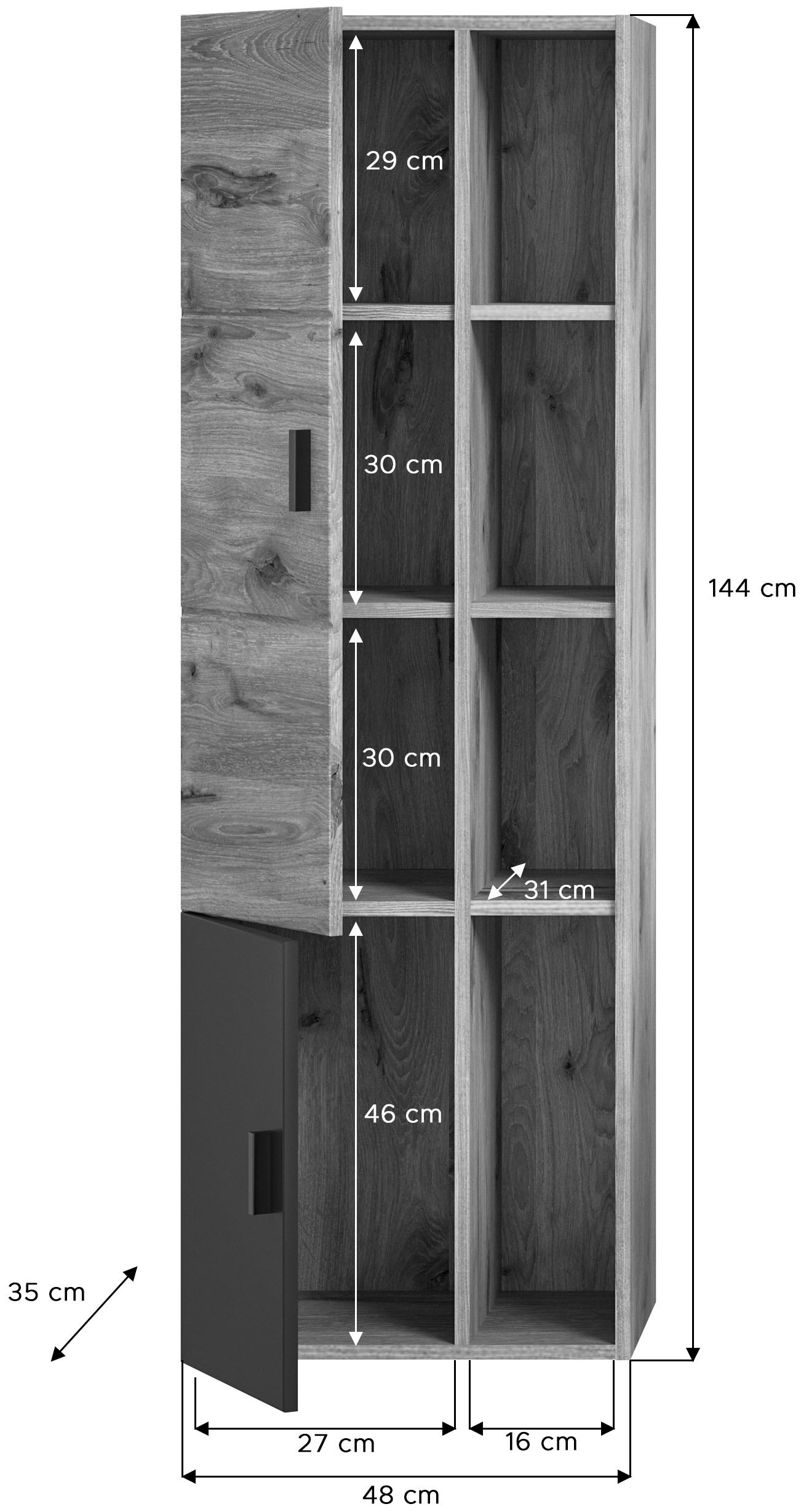 welltime Hochschrank »Dolo, Breite 48 cm, 2 Türen, 4 offene Fächer, 5 variable Einlegeböden«, (1 St.), Badmöbel, Hängeschrank, Badschrank, Schrank,Bad, Midischrank