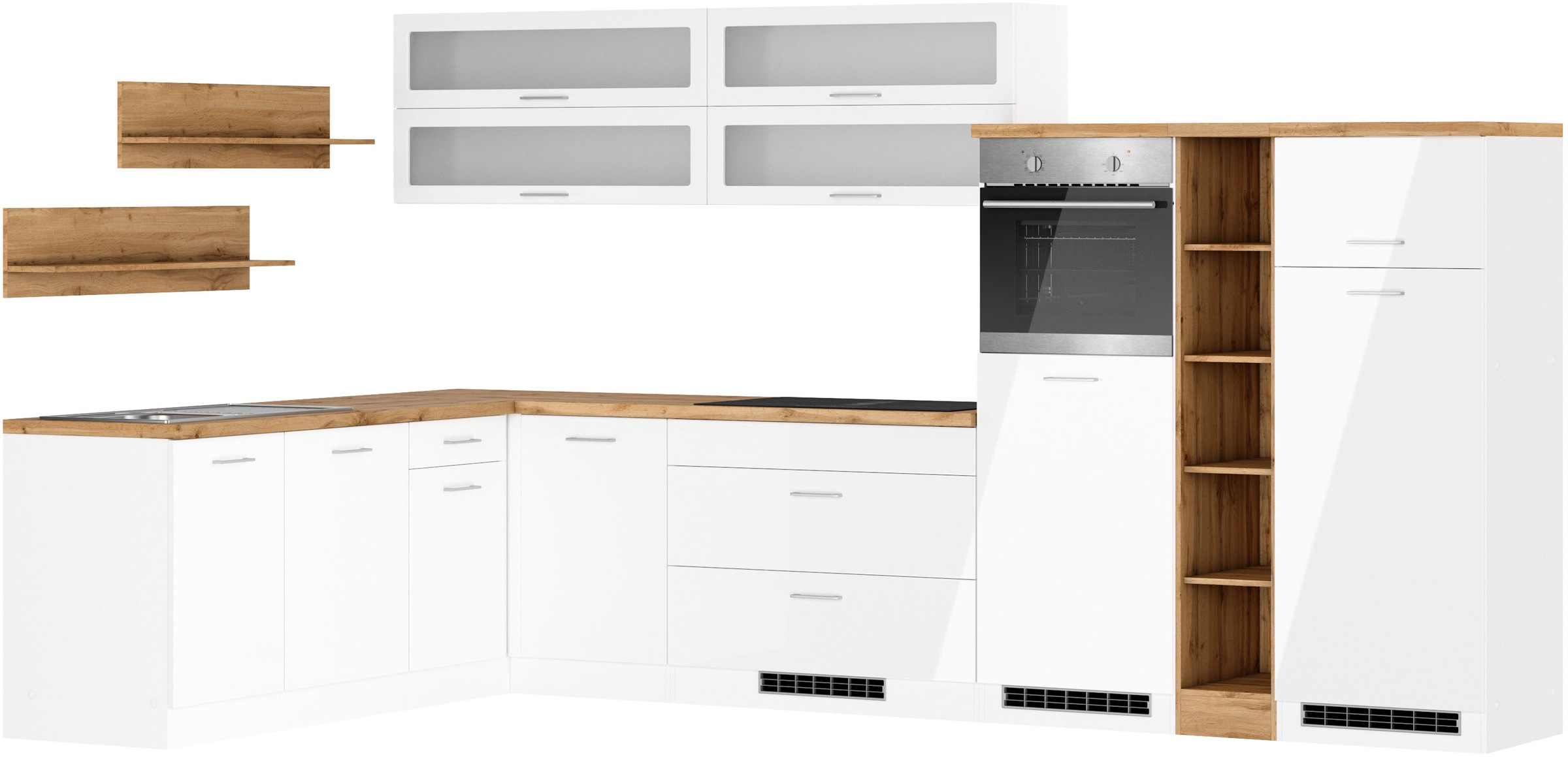 KOCHSTATION Winkelküche »KS-Milan, optional mit Muldenlüfter«, Stellbr.360/220 cm, wahlweise mit E-Geräten, Kochfeld mit Dunstabzug
