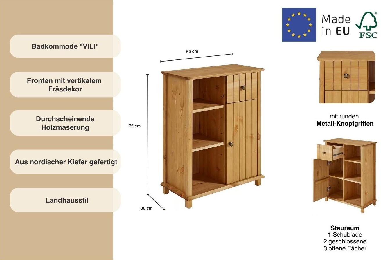 Home affaire Badkommode »Vili« Badezimmerschrank, Unterschrank, Breite 60 cm, aus Massivholz