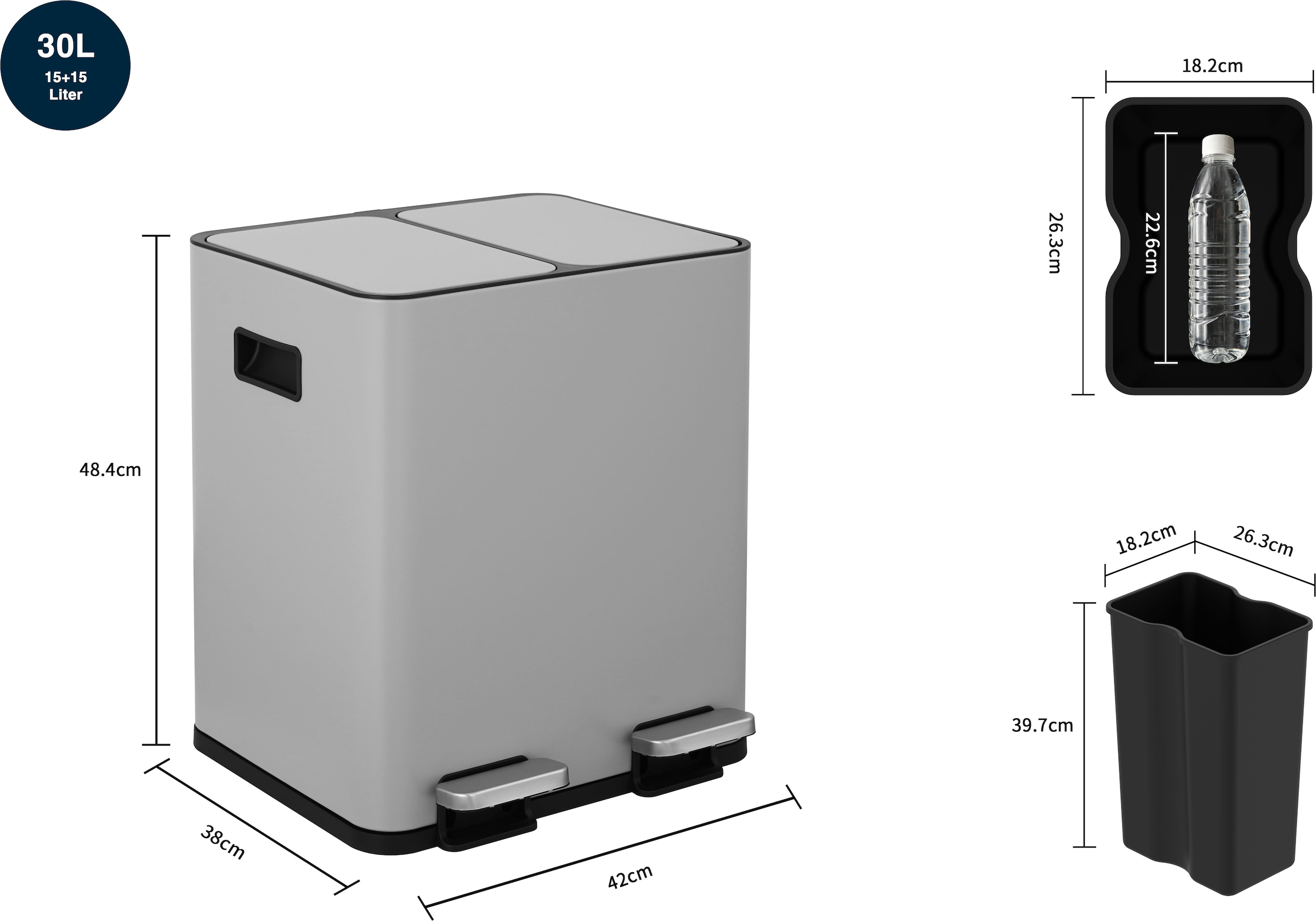 OTTO home Mülleimer »Garrin, Soft Close, m. 2 Fächern, Fassungsvermögen 2x15 L bzw. 2x30 L« 2 Behälter Mülltrennsystem mit 2 separaten Innenbehältern und Fußtrittpedalen