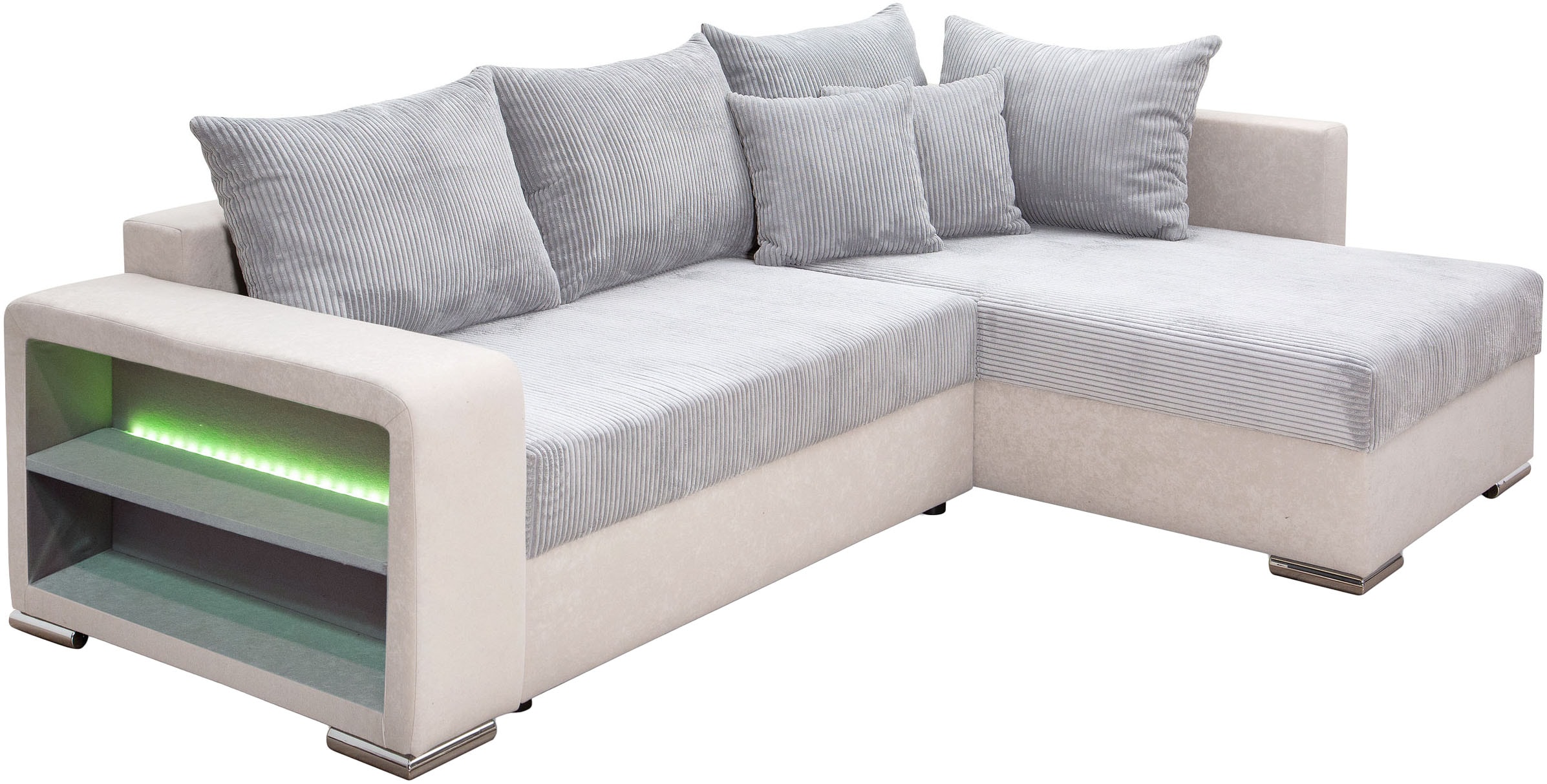 COLLECTION AB Ecksofa »L-Form«, Regalarmlehne mit LED RGB Beleuchtung,Bettfunktion und Bettkasten