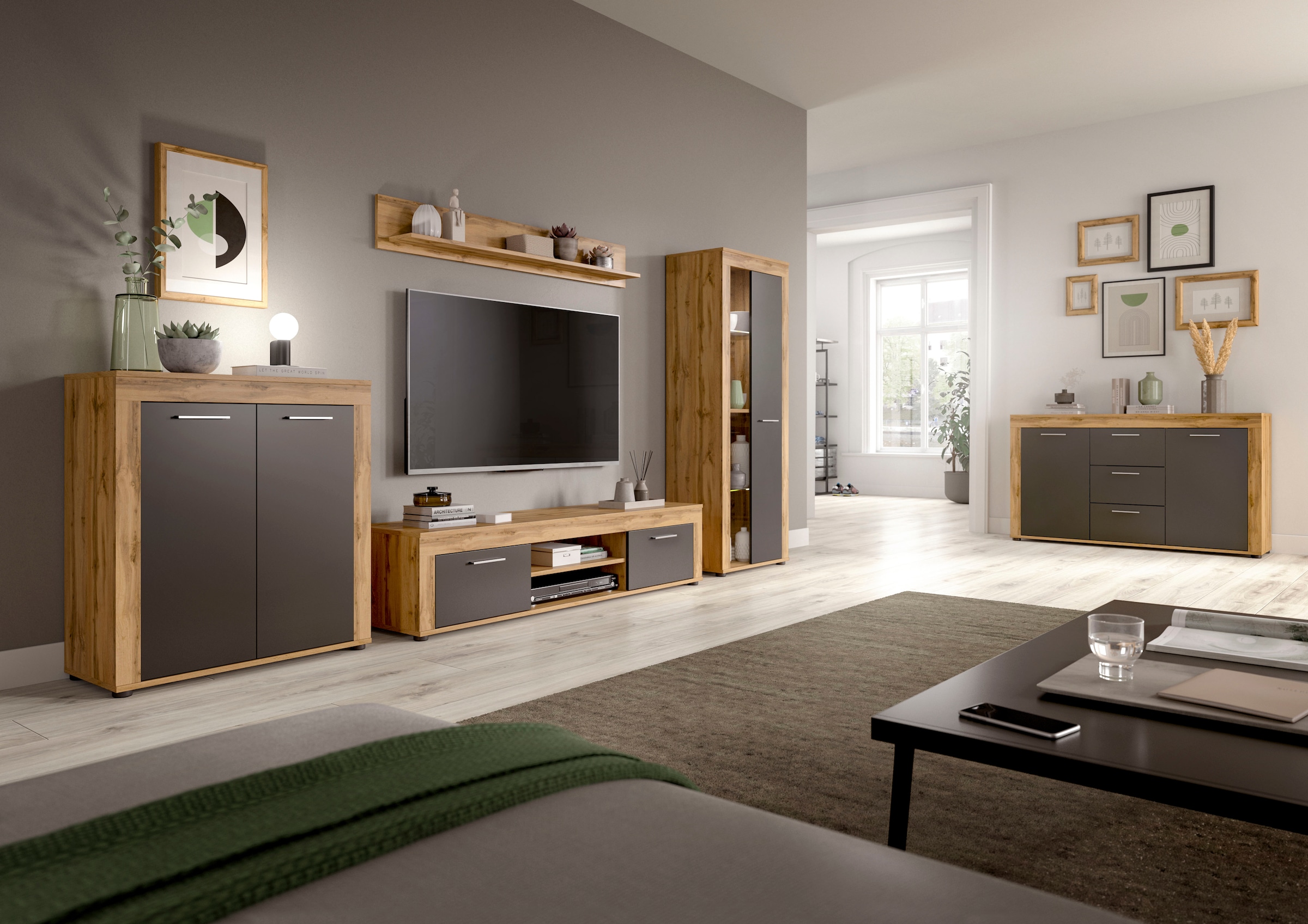 Home affaire Wohnwand »Aosta,  4-tlg., best. aus: Vitrine, Lowboard, Wandboard & Vitrine hoch« 4 Stk. tlg.