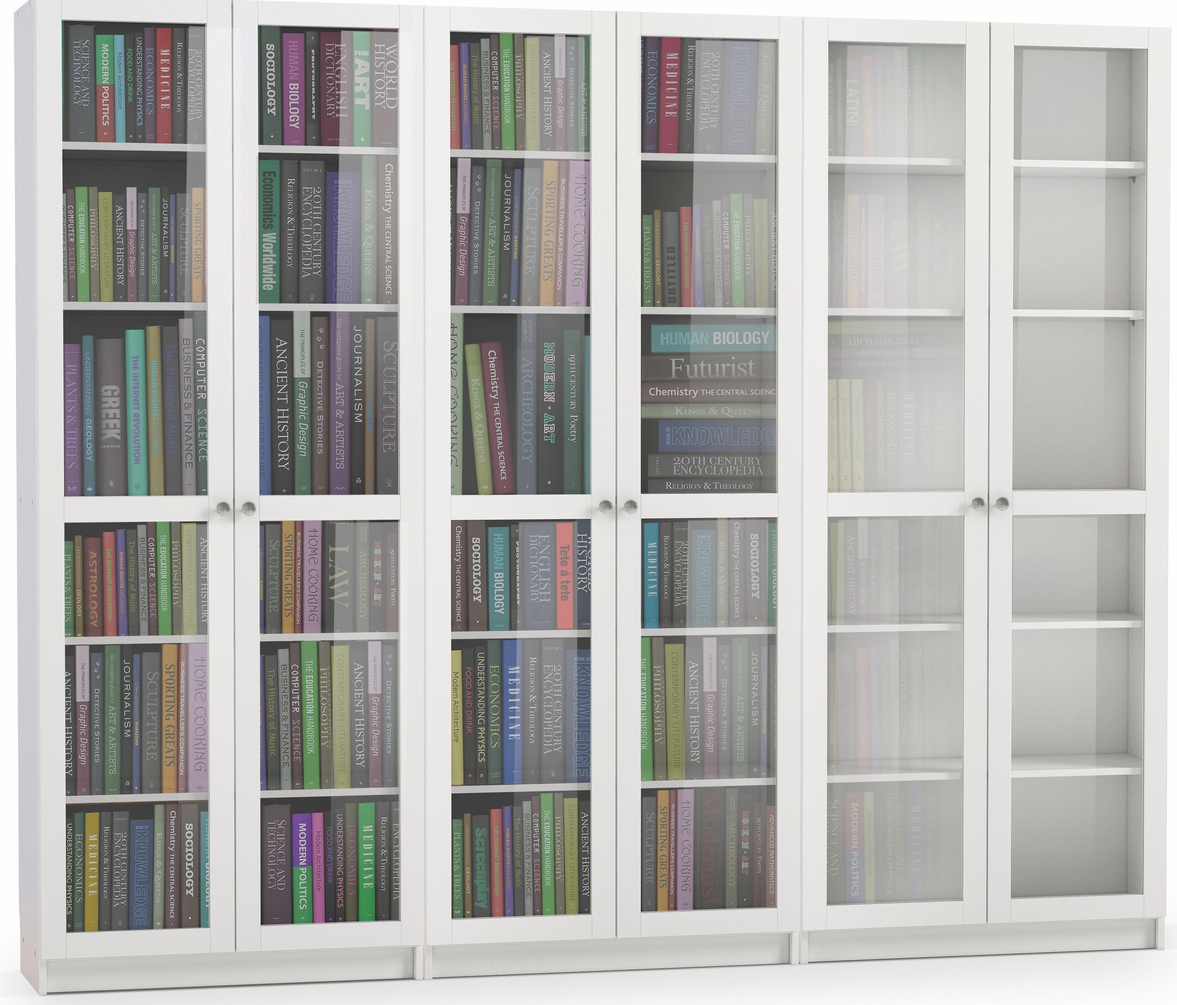 weißer Bücherschrank mit Türen aus transparentem Glas
