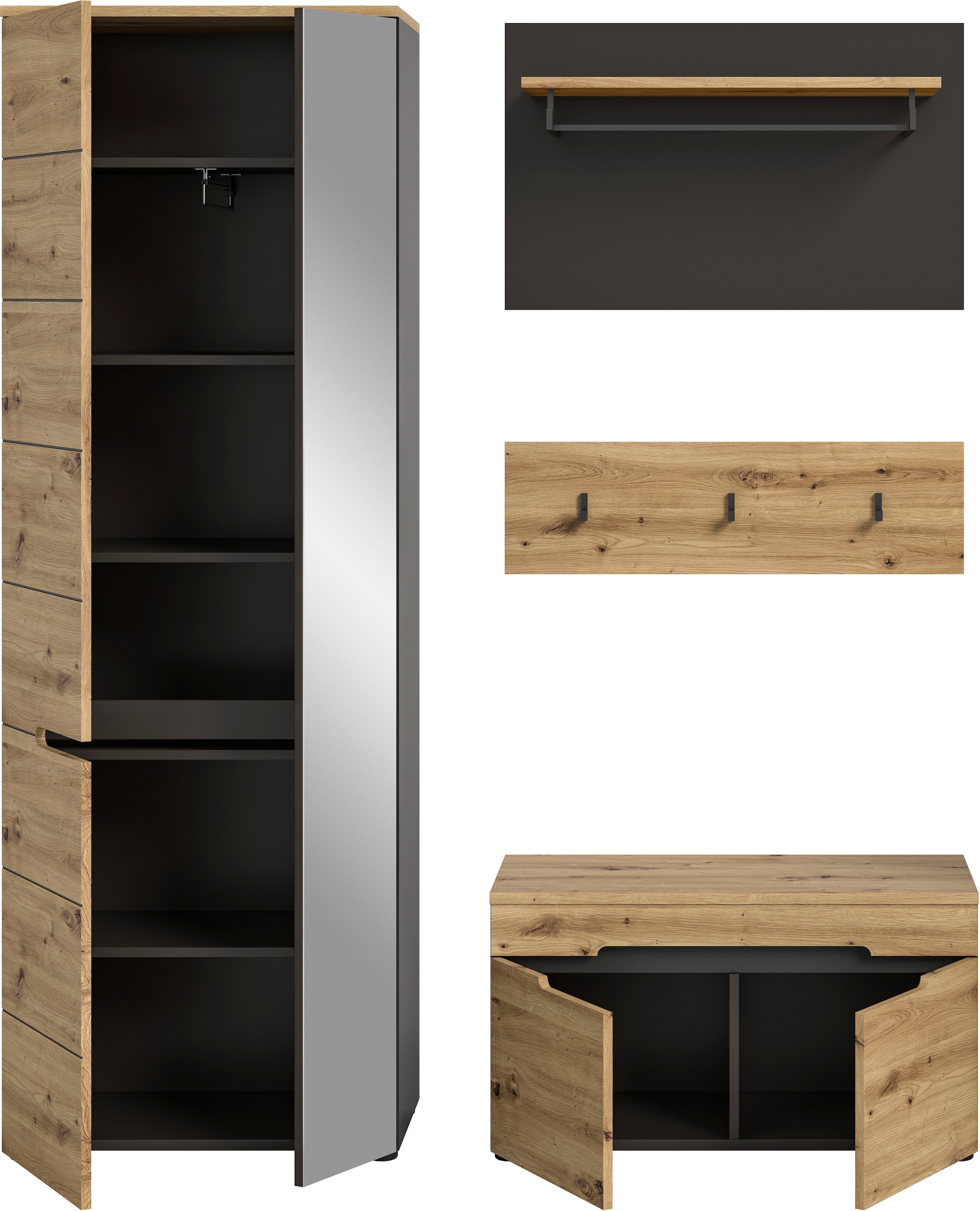 Home affaire Garderoben-Set »REHAT, TOPSELLER!, 4-teilig, Breite 160cm, individuell stellbar« bestehend aus: Garderobenschrank, Sitzbank, Paneel, Hakenleiste, 3 Stk. tlg.