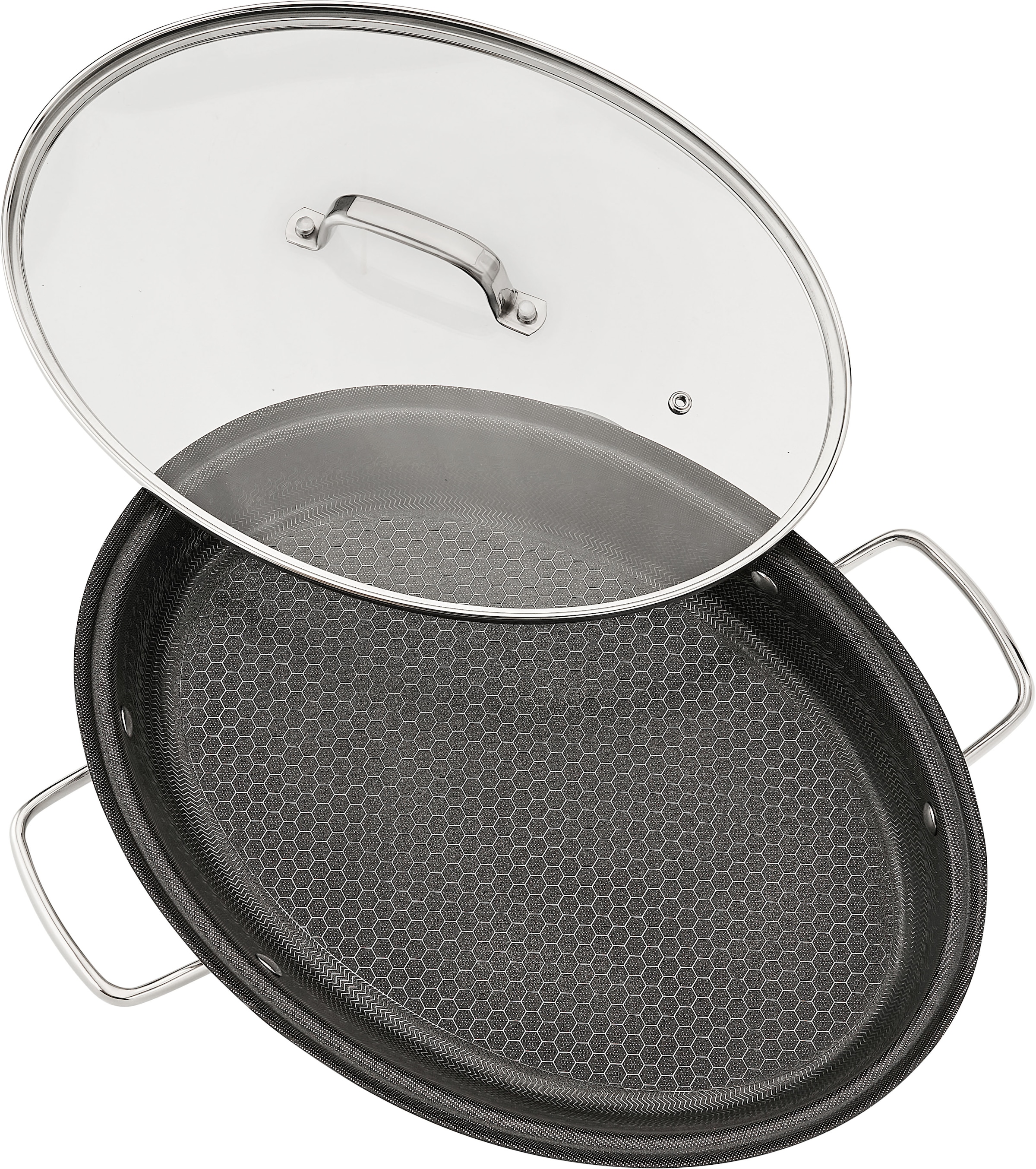 HENSSLERS Fischpfanne »HENSSLERS Edelstahl Fisch- & Schnitzelpfanne, mit Wabenstruktur« Edelstahl 2 Stk. tlg. inkl. Glasdeckel und Dünsteinsatz, Abmessung ca. 38x26 cm