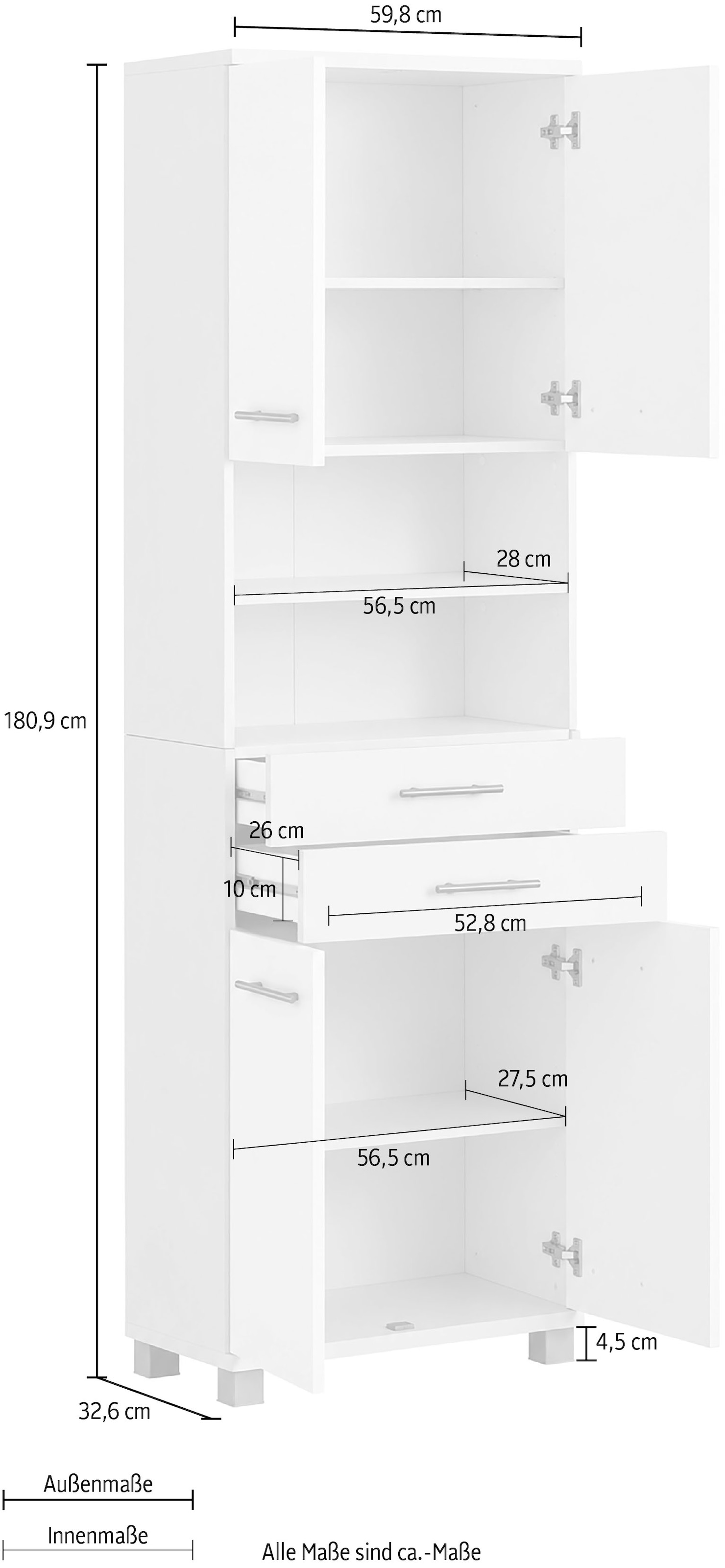 welltime Hochschrank »Emmi, Breite 60 cm, Made in Germany« 4-türig mit 2 Schubkästen und 2 offene Fächer, Made in Germany