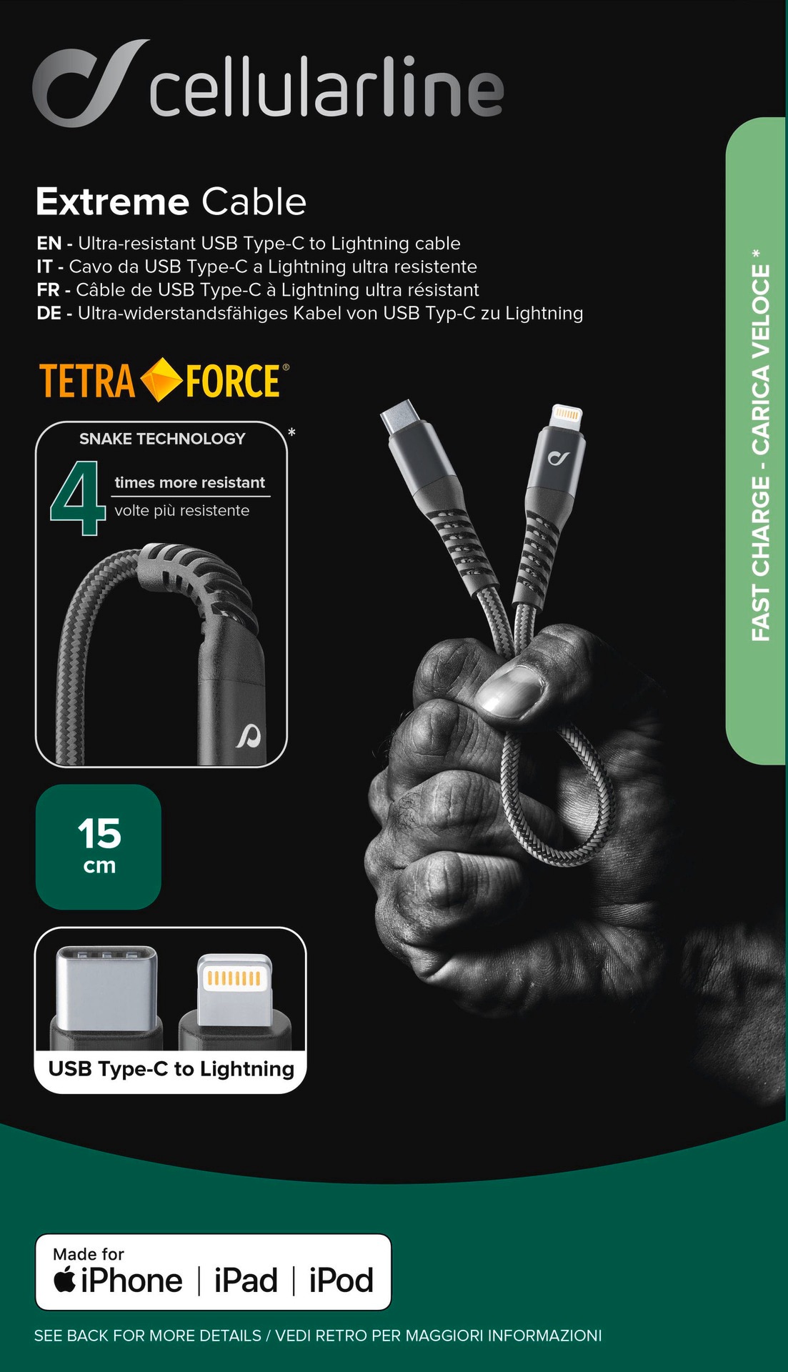 Cellularline USB-Kabel »Extreme USB Typ-C auf Lightning Kabel - mfi«, 15 cm